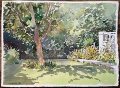 Acquerello impressionista britannico di un giardino illuminato dal sole con alberi e fiori