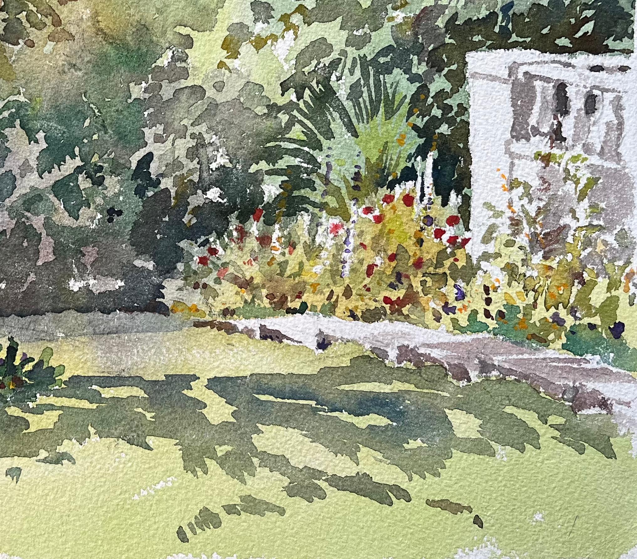 Britischer Impressionist Aquarell eines sonnenbeschienenen Gartens mit Baum und Blumen (Impressionismus), Painting, von Anthony Avery
