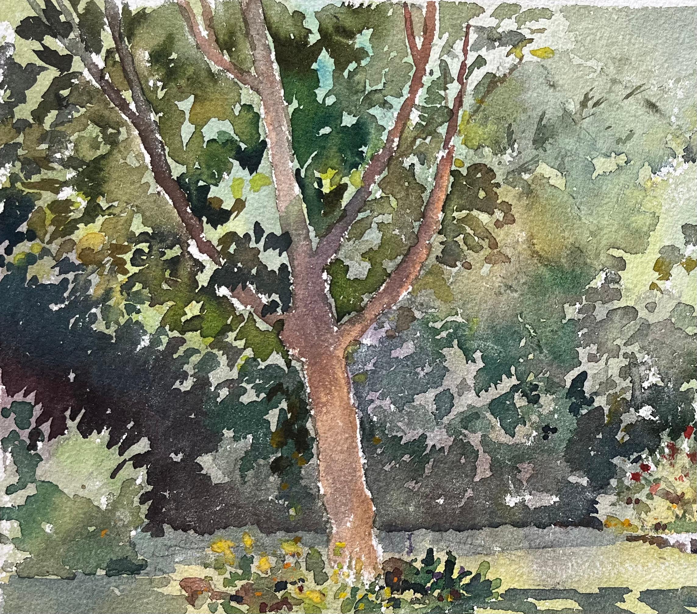 Britischer Impressionist Aquarell eines sonnenbeschienenen Gartens mit Baum und Blumen im Angebot 1