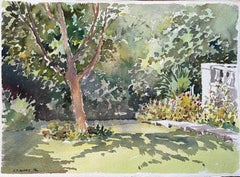British Impressionist Watercolor of a Sunlit Garden with Tree and Flowers