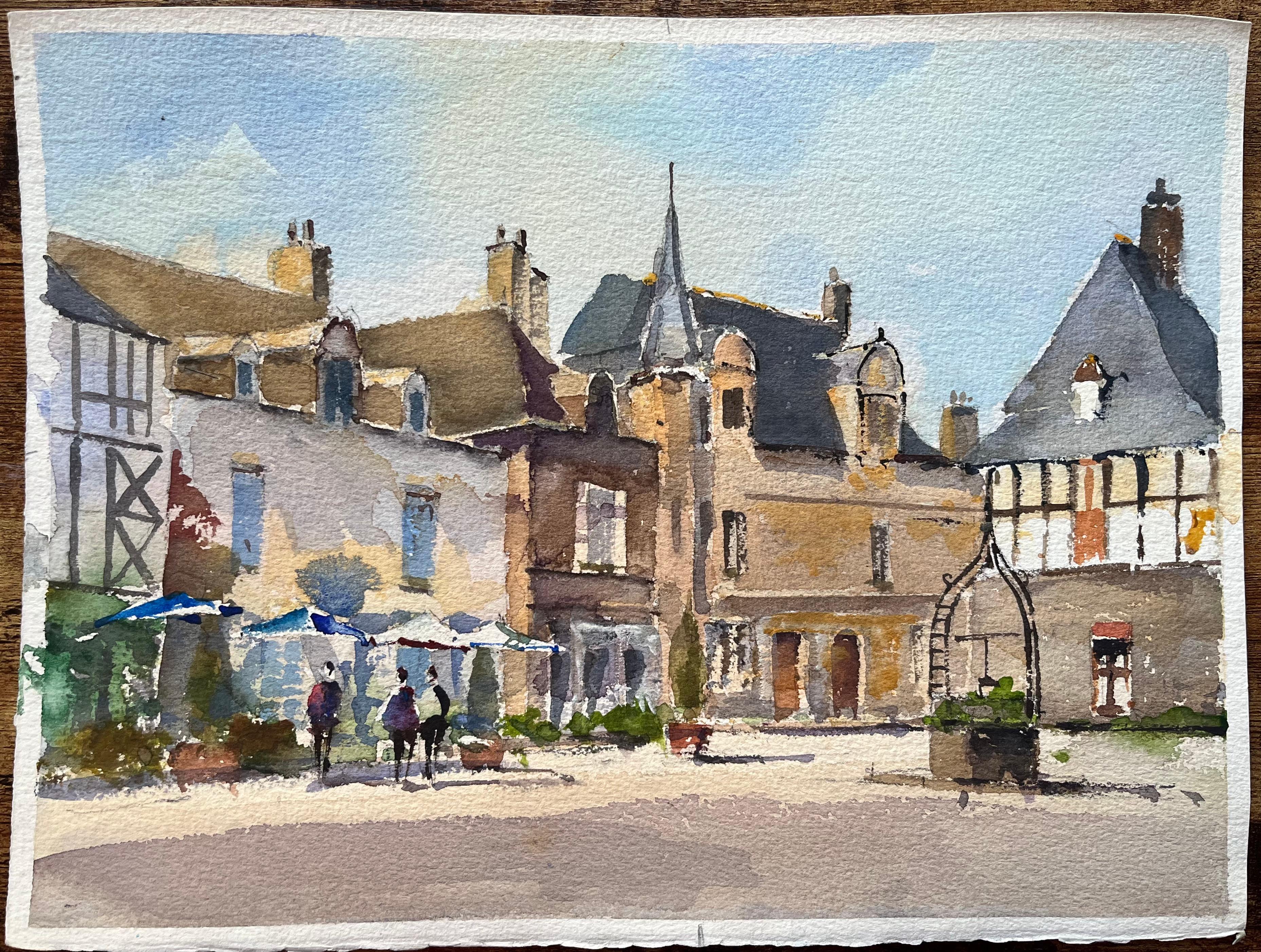 Britisches impressionistisches Aquarell eines sonnenbeschienenen historischen Stadtsquares – Painting von Anthony Avery