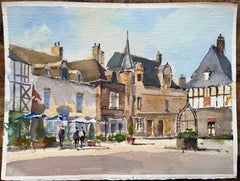 British Impressionist Watercolor of a Sunlit Historic Town Square