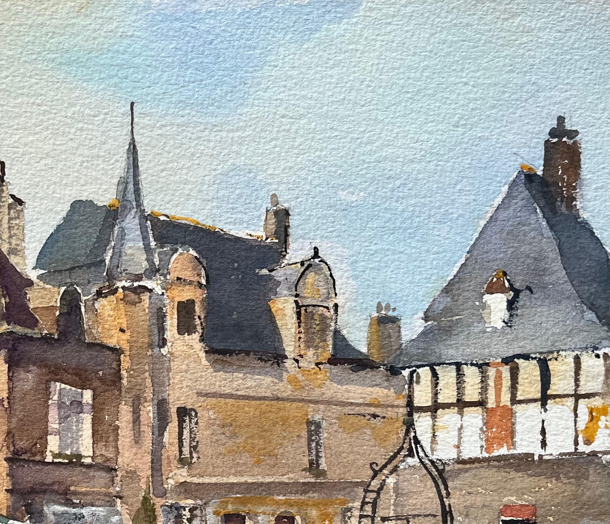 Britisches impressionistisches Aquarell eines sonnenbeschienenen historischen Stadtsquares (Grau), Landscape Painting, von Anthony Avery