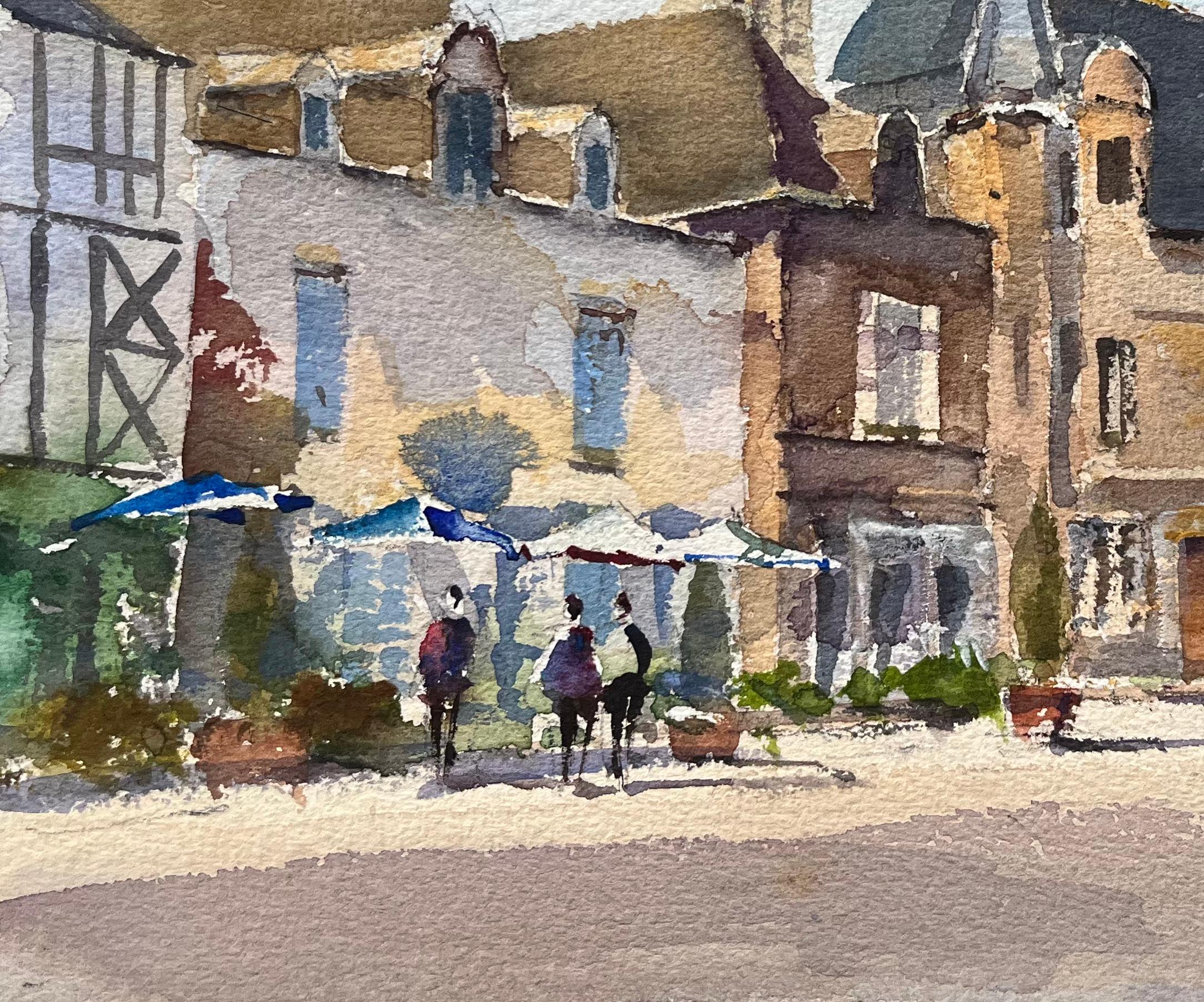 Titel: Britischer Impressionist - Aquarell eines sonnenbeschienenen historischen Townes-Platzes
Von Anthony Avery (Brite 1946-2023)
Original-Aquarell auf Künstlerpapier, ungerahmt
Abmessungen: 11,25 x 15 Zoll (Höhe x Breite)
Zustand: Gut, mit