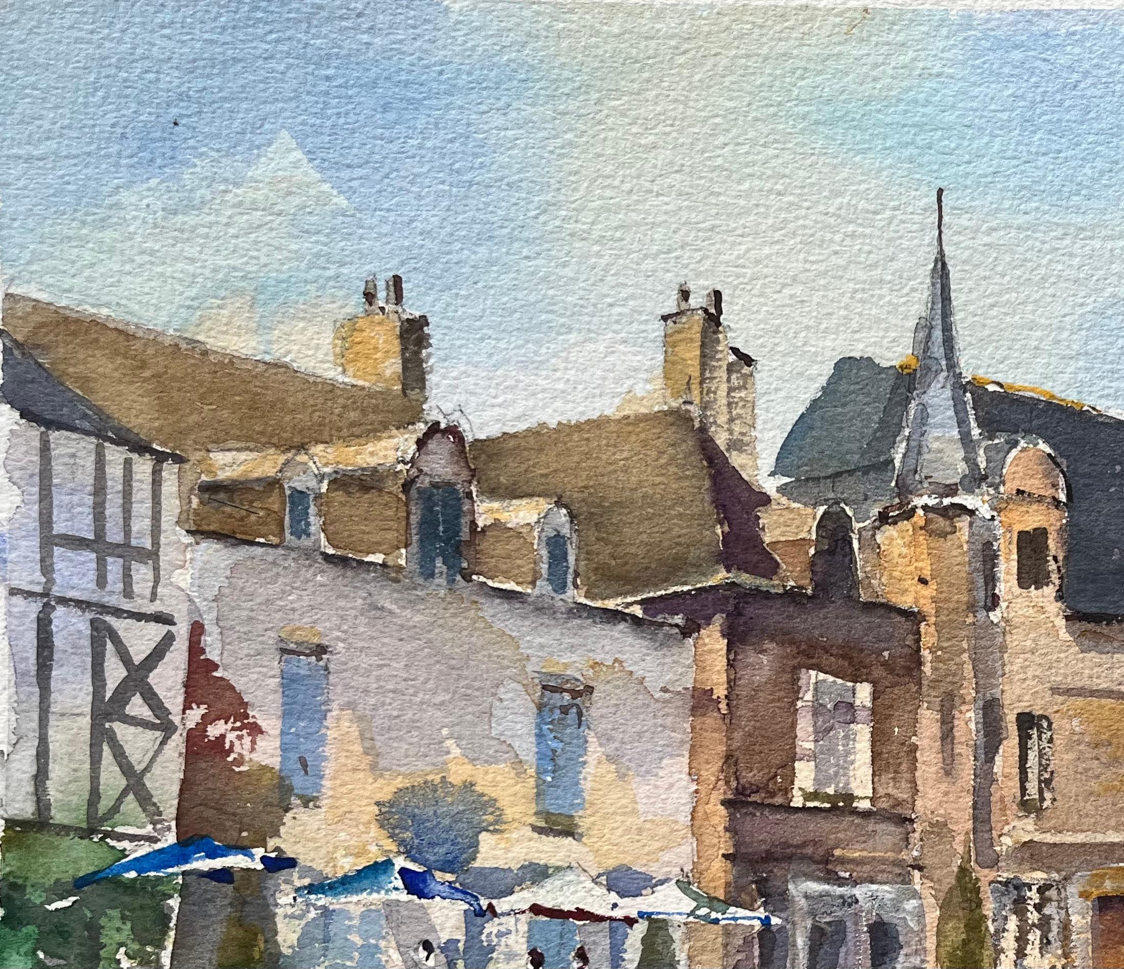 Britisches impressionistisches Aquarell eines sonnenbeschienenen historischen Stadtsquares im Angebot 1