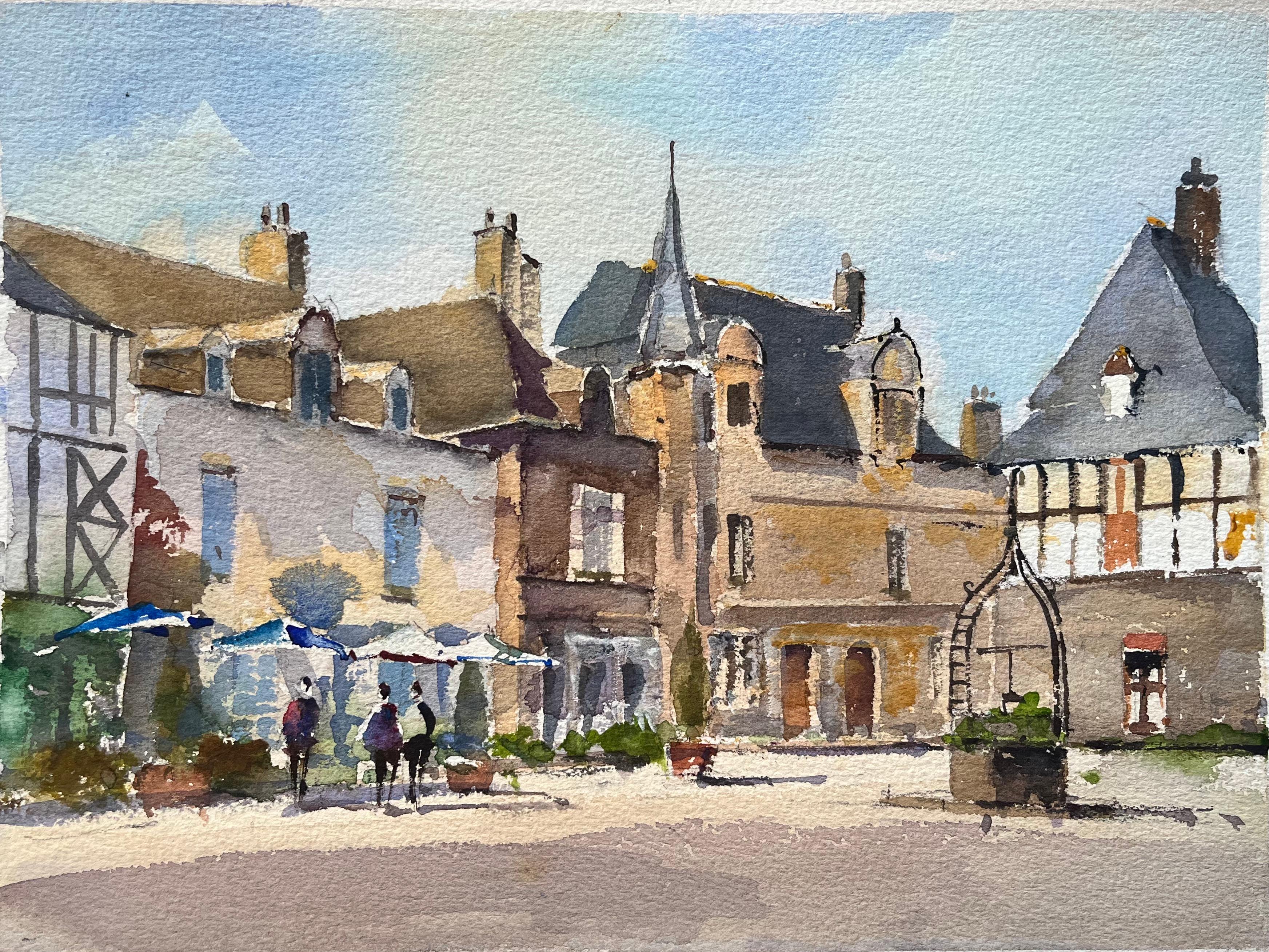Aquarelle impressionniste britannique d'une place de ville historique éclairée par le soleil