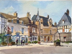 Britisches impressionistisches Aquarell eines sonnenbeschienenen historischen Stadtsquares