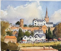 Britischer Impressionist Aquarell einer sonnenbeschienenen Dorfszene am Flussufer