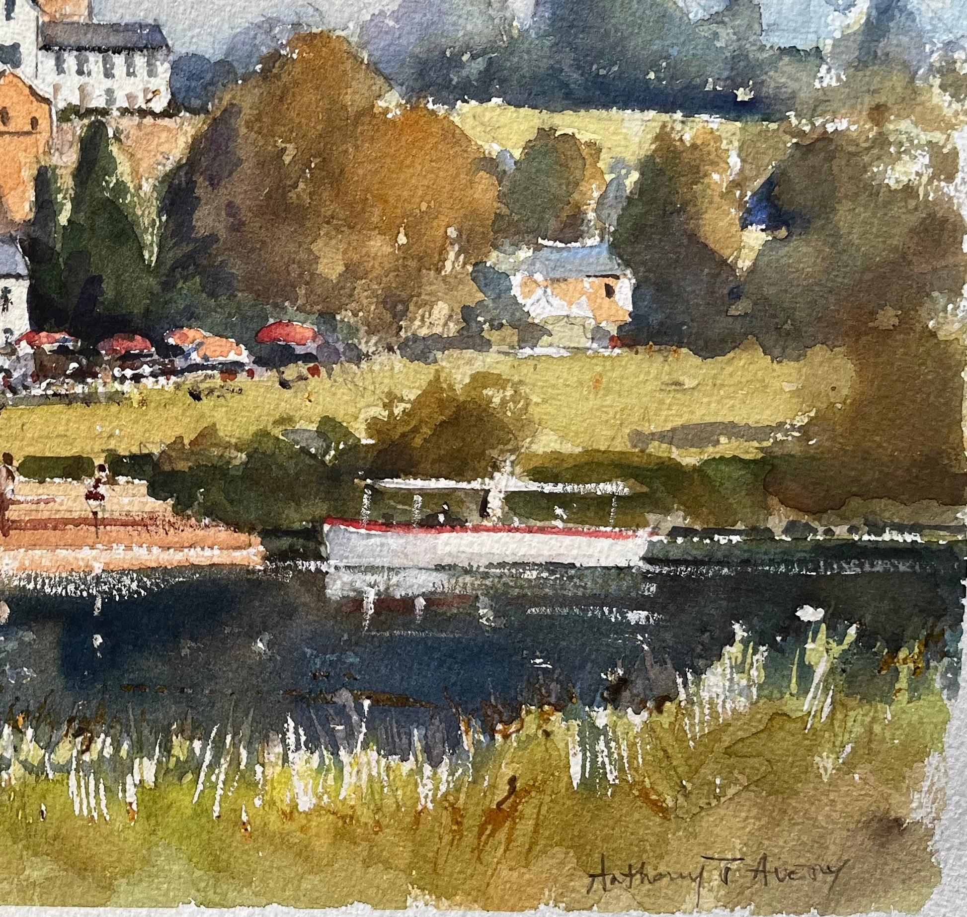 Título: Acuarela impresionista británica de una escena de pueblo ribereño iluminado por el sol
Por Anthony Avery (británico 1946-2023)
Acuarela original sobre papel de artista, sin enmarcar
Firmado: Sí
Dimensiones: 11,25 x 15 pulgadas (Alto x