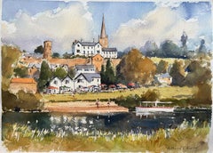 British Impressionist Watercolor of a Sunlit Riverside Village Scene