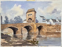 British Impressionist Watercolor of a Sunlit Stone Bridge and Riverside Village