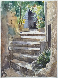 Aquarelle impressionniste britannique d'un escalier en pierre éclairé par le soleil et d'une arcade florale