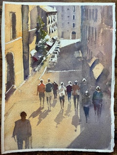 British Impressionist Watercolor of a Sunlit Street with Figures
