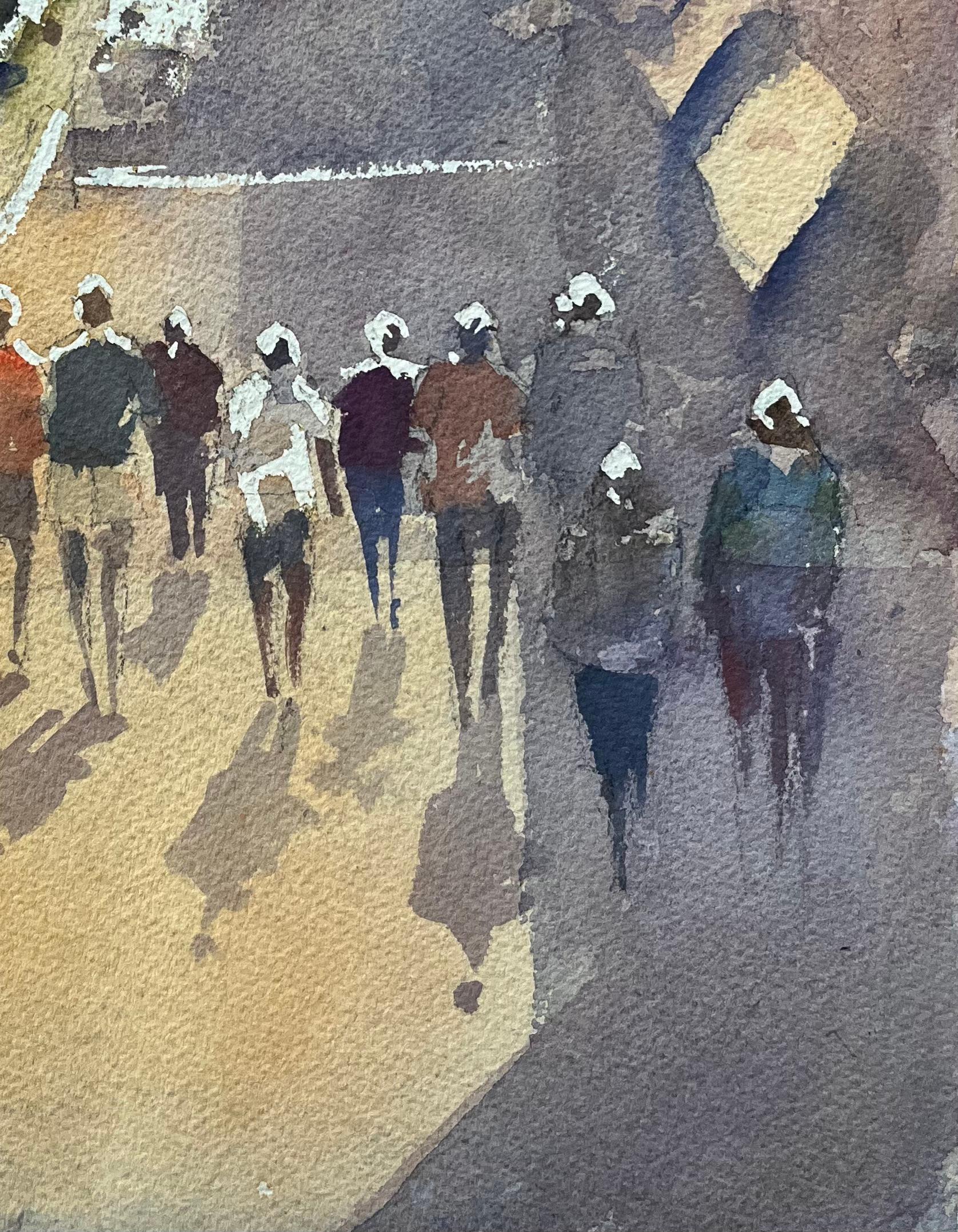Acuarela impresionista británica de una calle iluminada por el sol con figuras - Painting Impresionista de Anthony Avery