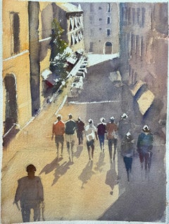 Aquarelle impressionniste britannique d'une rue ensoleillée avec des personnages