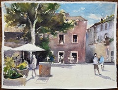 Britischer Impressionist Aquarell eines sonnenbeschienenen Townes mit Figuren