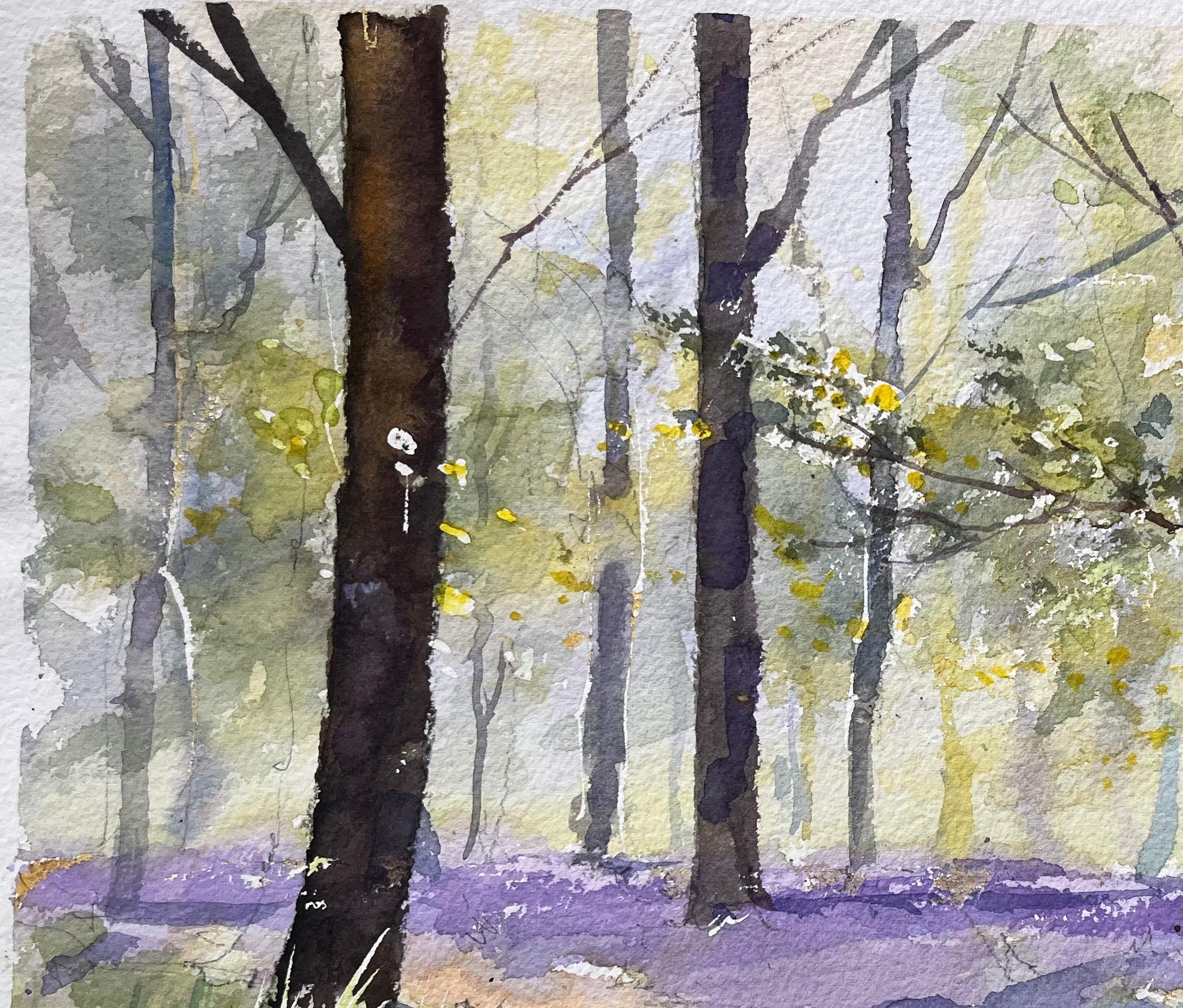 Aquarelle impressionniste britannique d'une scène de bois ensoleillée avec des cloches bleues en vente 1
