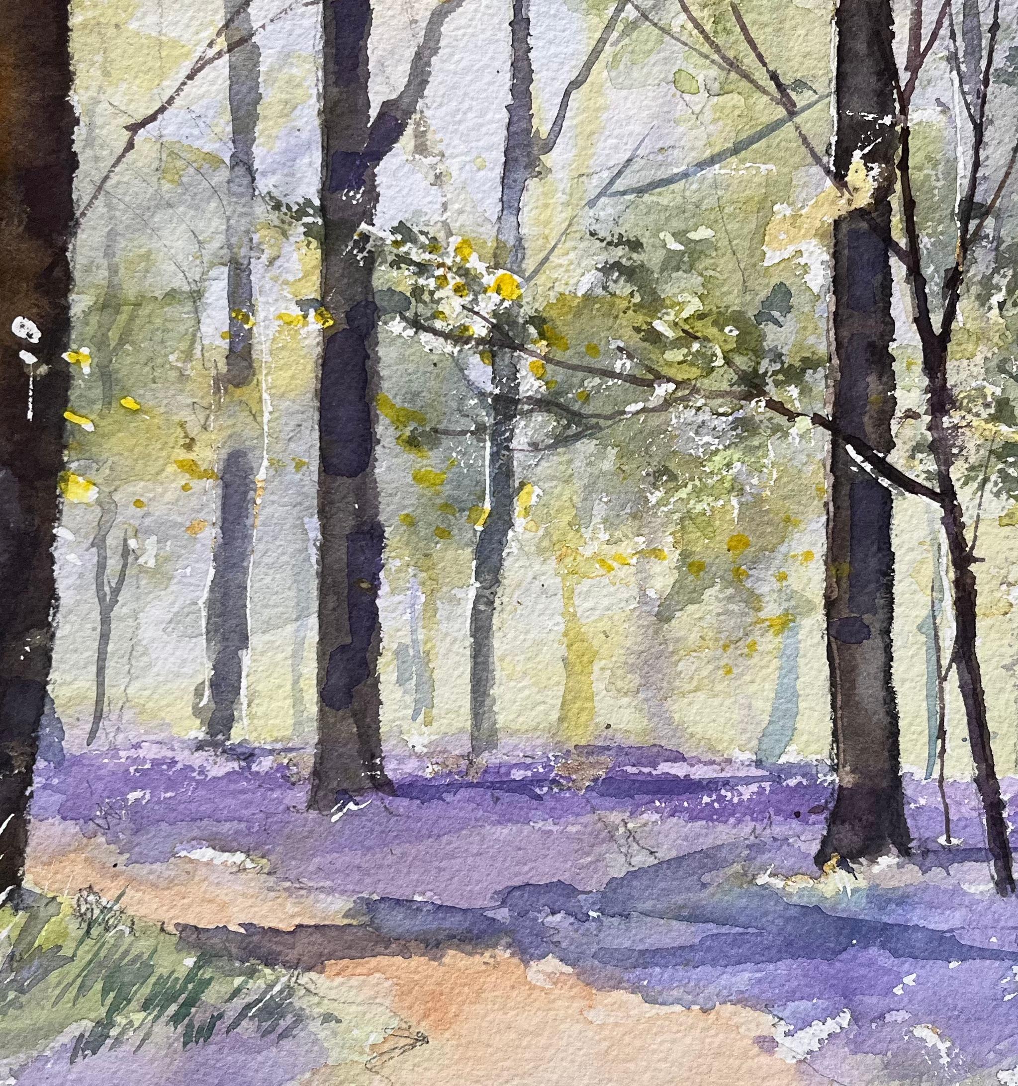 Aquarelle impressionniste britannique d'une scène de bois ensoleillée avec des cloches bleues en vente 2