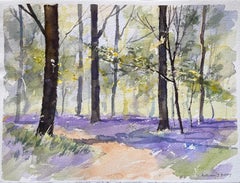 Aquarelle impressionniste britannique d'une scène de bois ensoleillée avec des cloches bleues