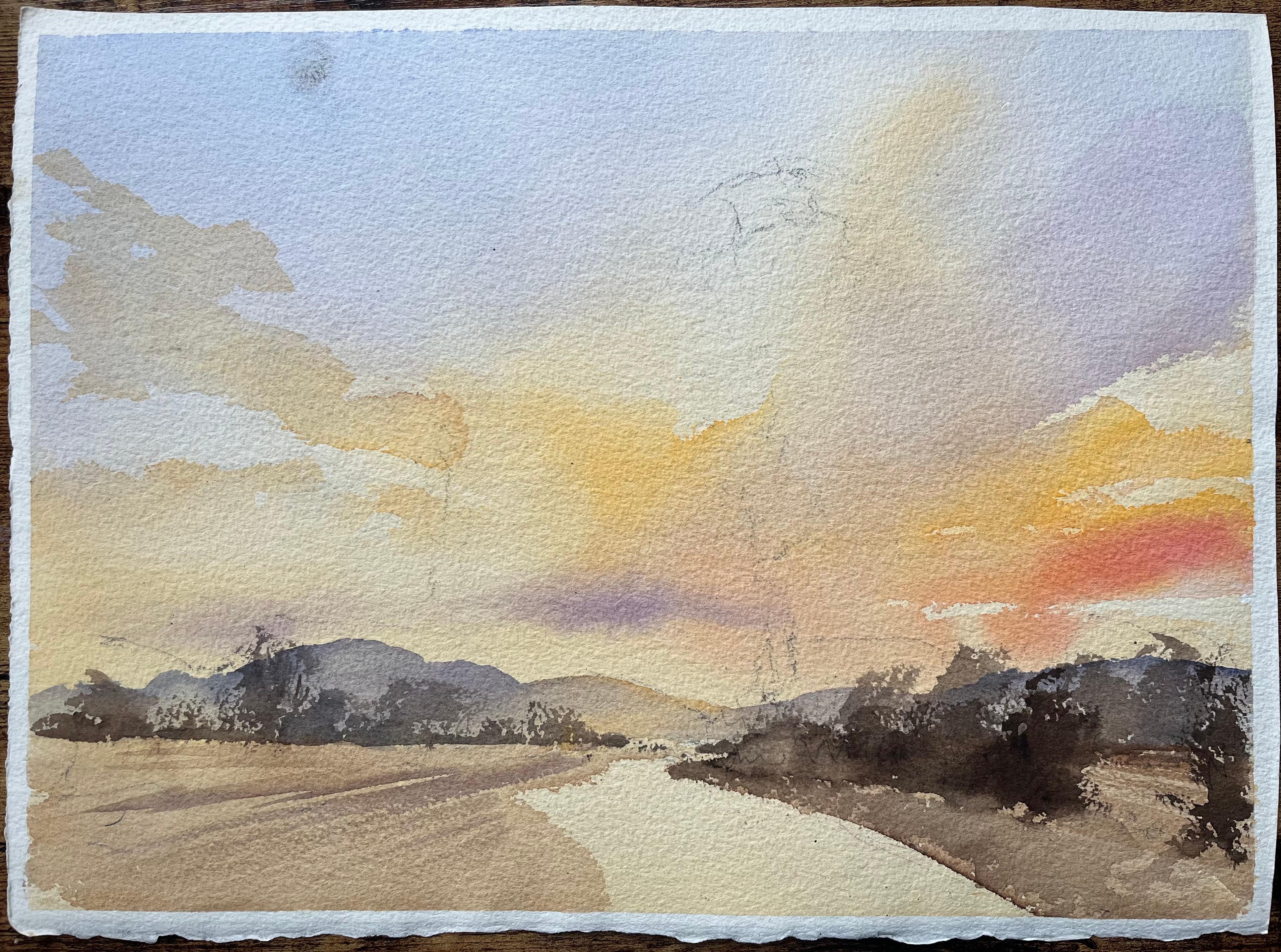 Acuarela impresionista británica de un paisaje al atardecer con montañas lejanas - Painting de Anthony Avery
