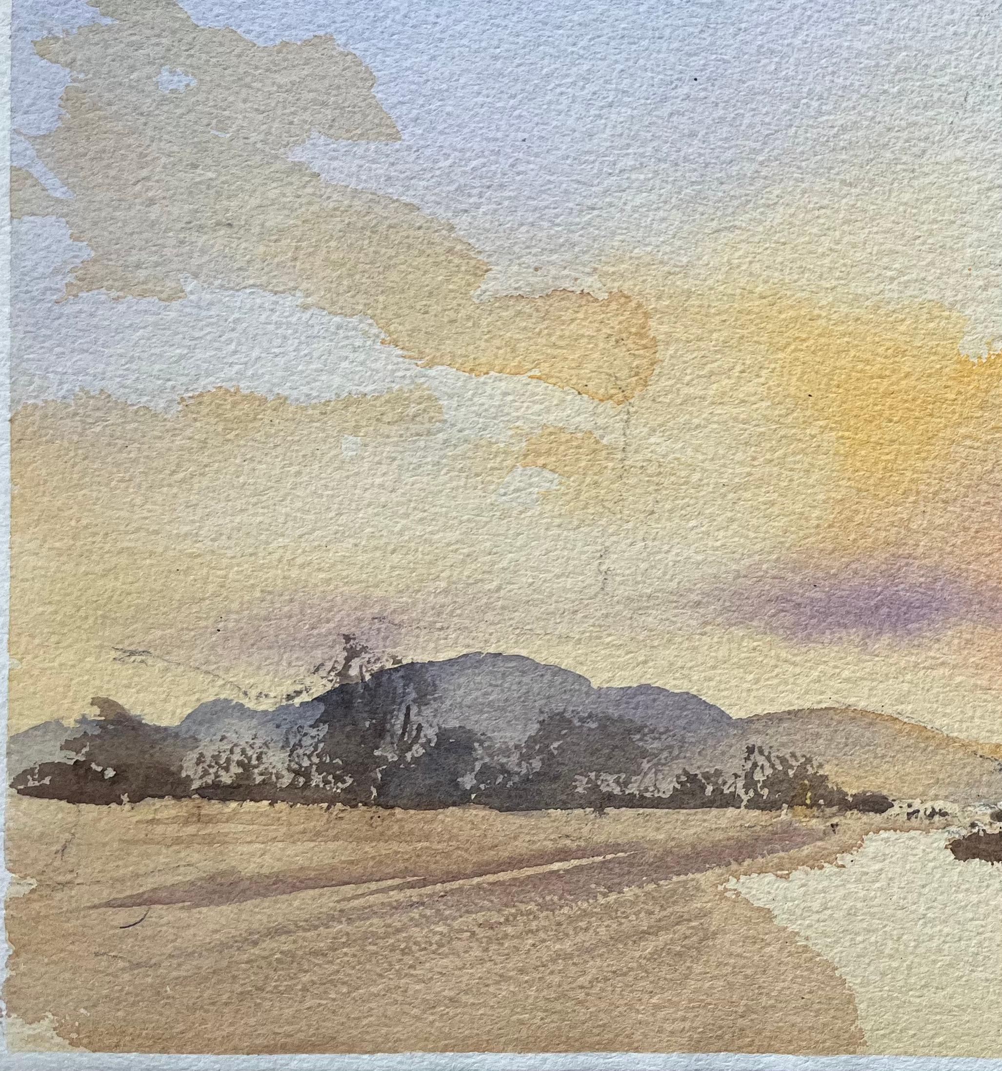 Título: Acuarela impresionista británica de un paisaje al atardecer con montañas lejanas
Por Anthony Avery (británico 1946-2023)
Acuarela original sobre papel de artista, sin enmarcar
Dimensiones: 11,25 x 15,25 pulgadas (Alto x Ancho)
Estado: Bueno,
