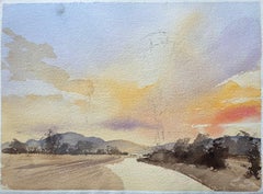 Britischer Impressionist Aquarell eines Sonnenuntergangs Landschaft mit fernen Bergen