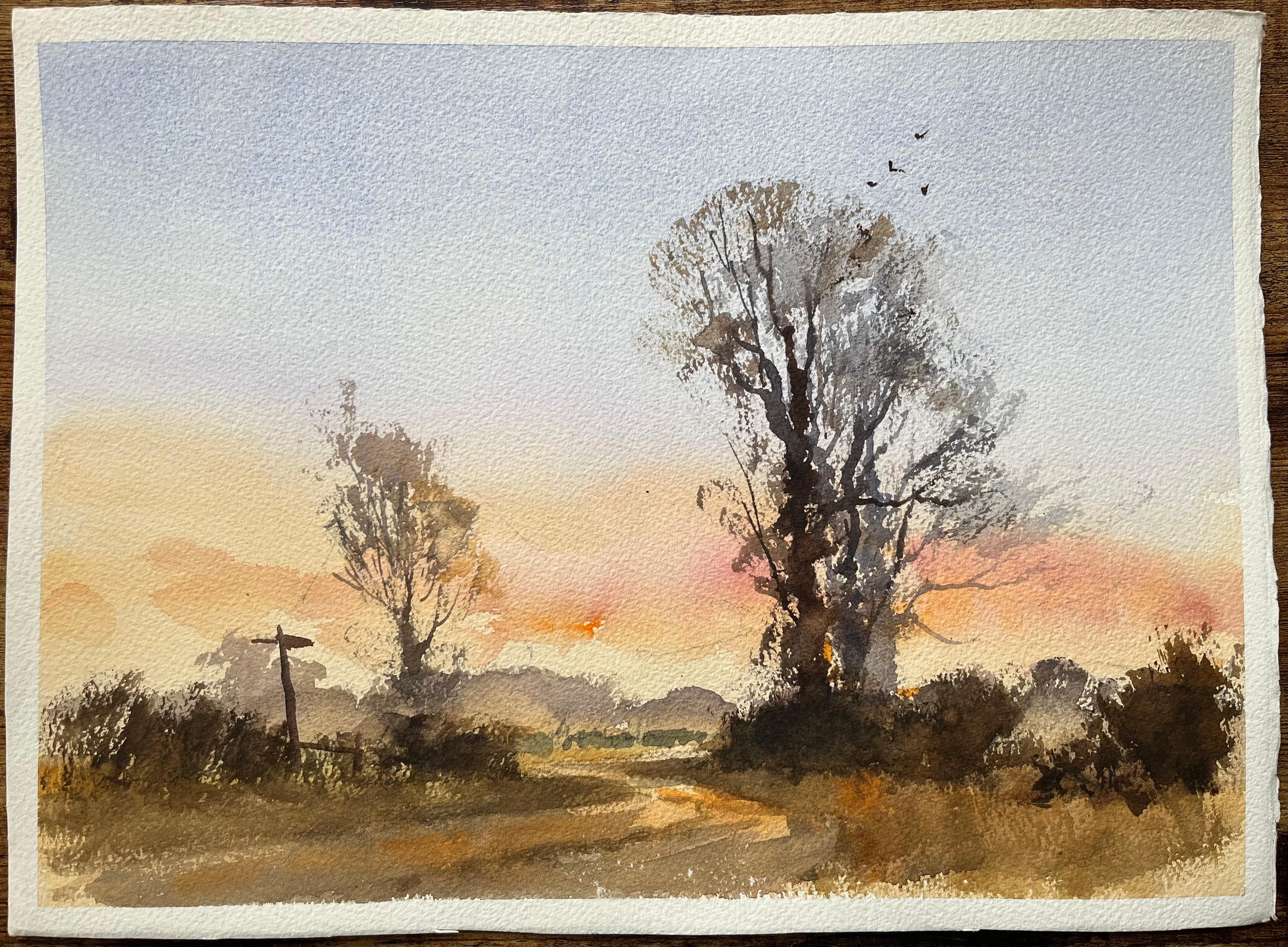 Acuarela impresionista británica de un paisaje al atardecer con árboles y un poste indicador - Painting de Anthony Avery