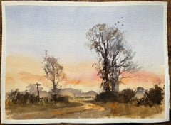 British Impressionist Watercolor of a Sunset Landscape with Trees and Signpost