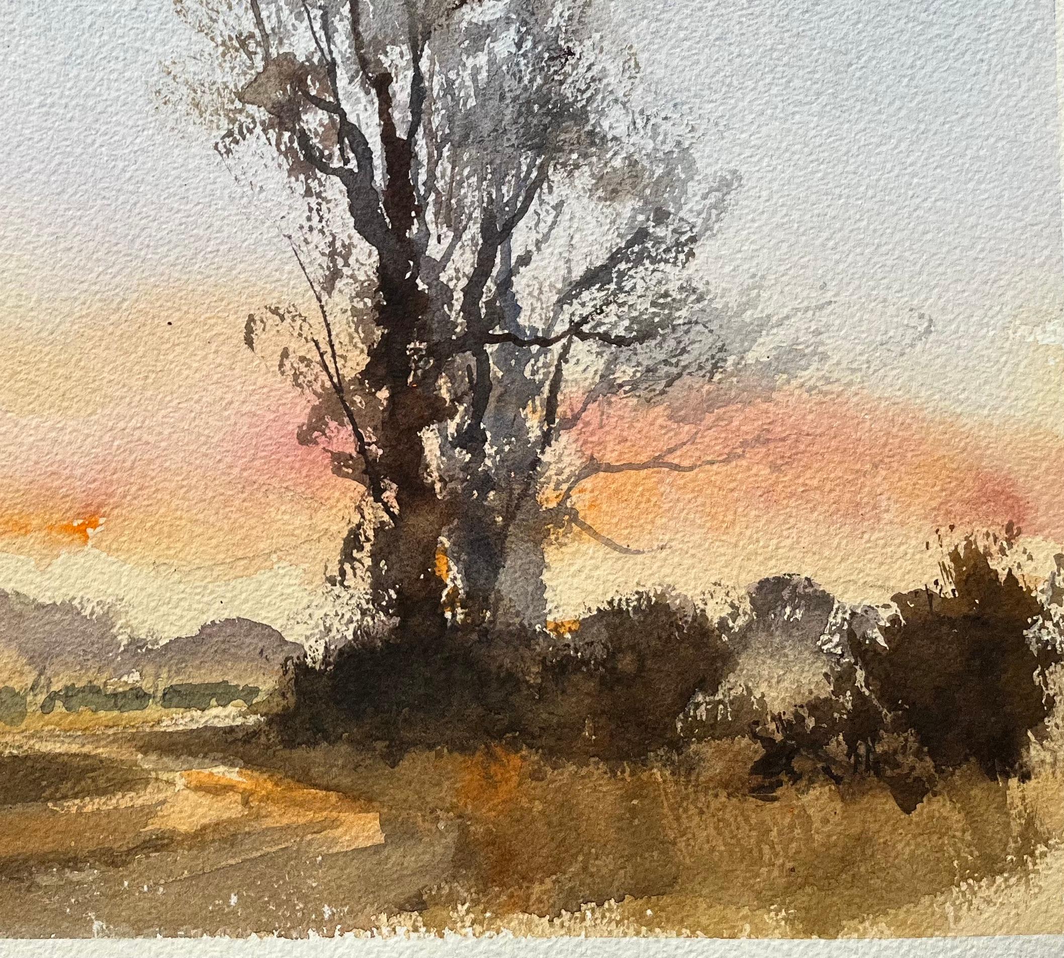 Acuarela impresionista británica de un paisaje al atardecer con árboles y un poste indicador - Painting Impresionista de Anthony Avery