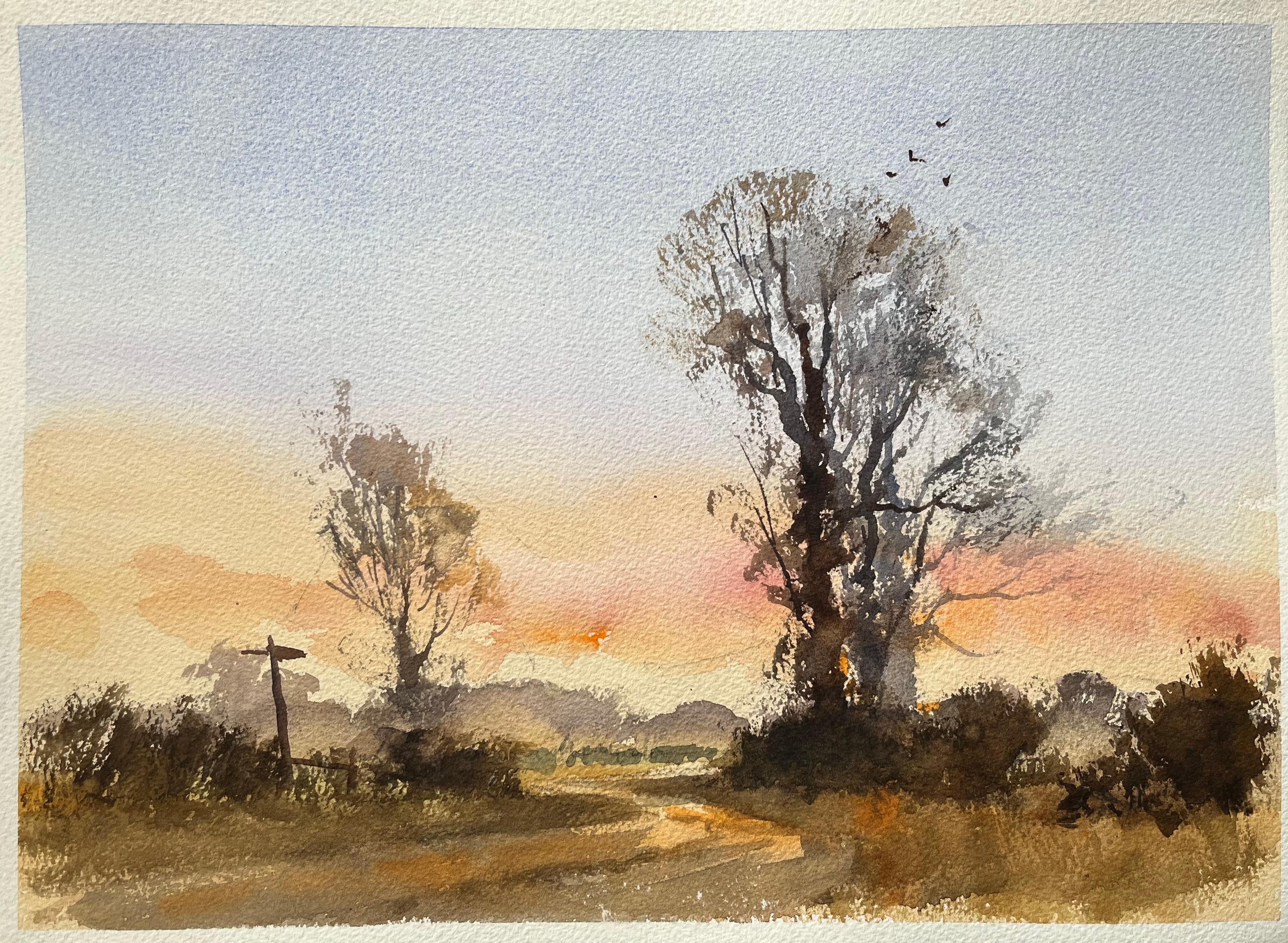 Landscape Painting de Anthony Avery - Acuarela impresionista británica de un paisaje al atardecer con árboles y un poste indicador