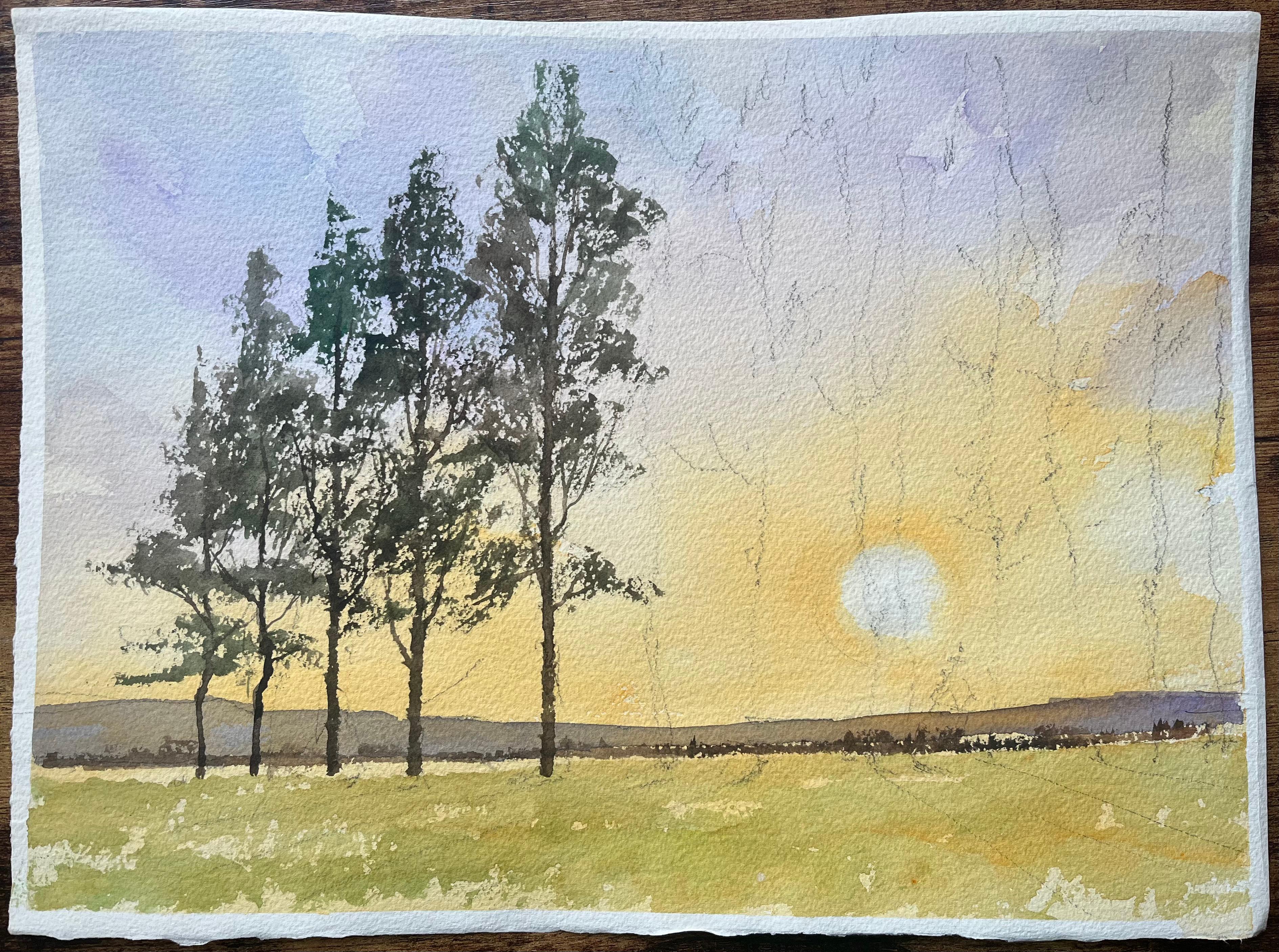 British Impressionist Watercolor of a Sunset over Open Fields - Painting by Anthony Avery