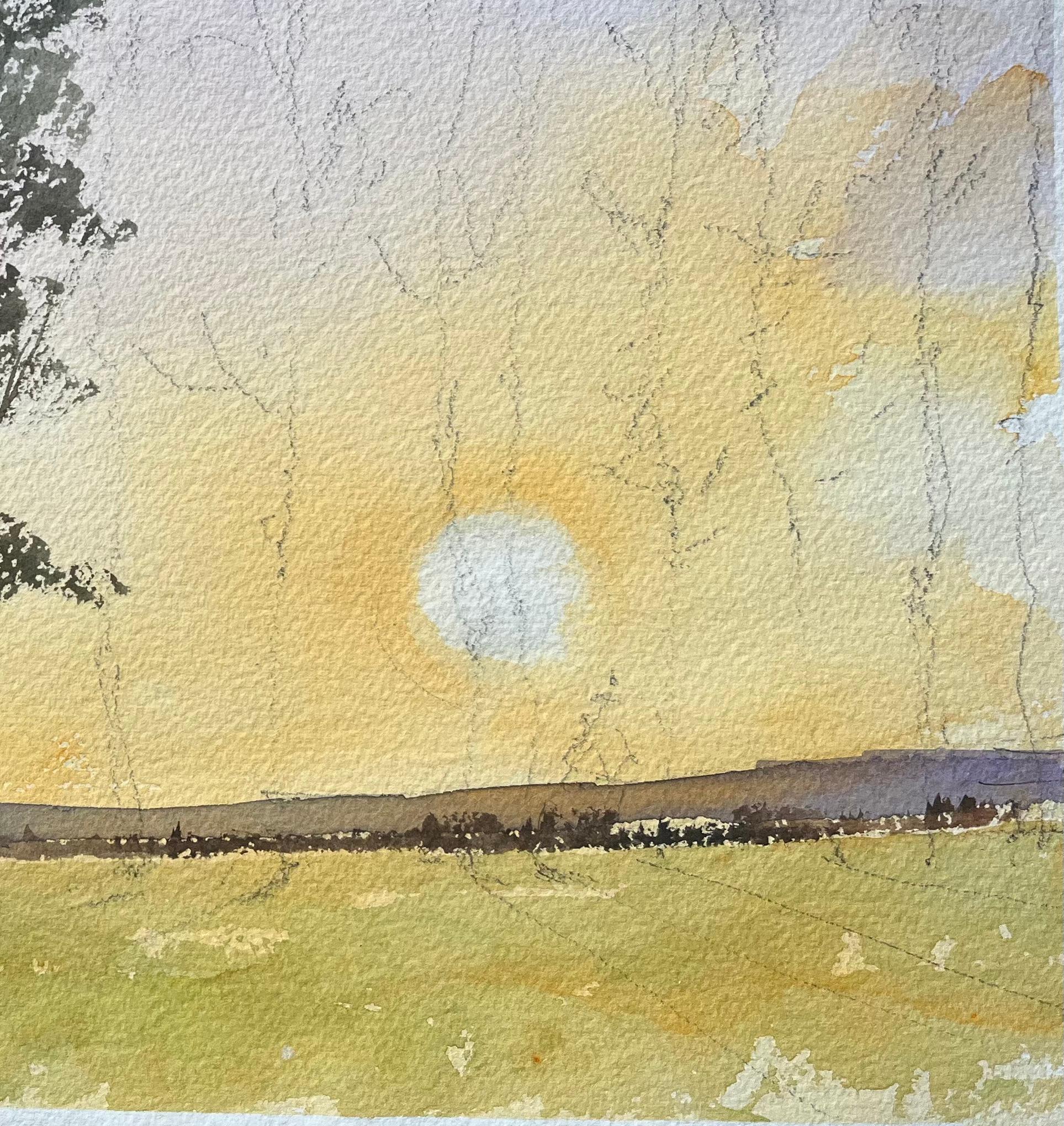 British Impressionist Watercolor of a Sunset over Open Fields - Beige Landscape Painting by Anthony Avery