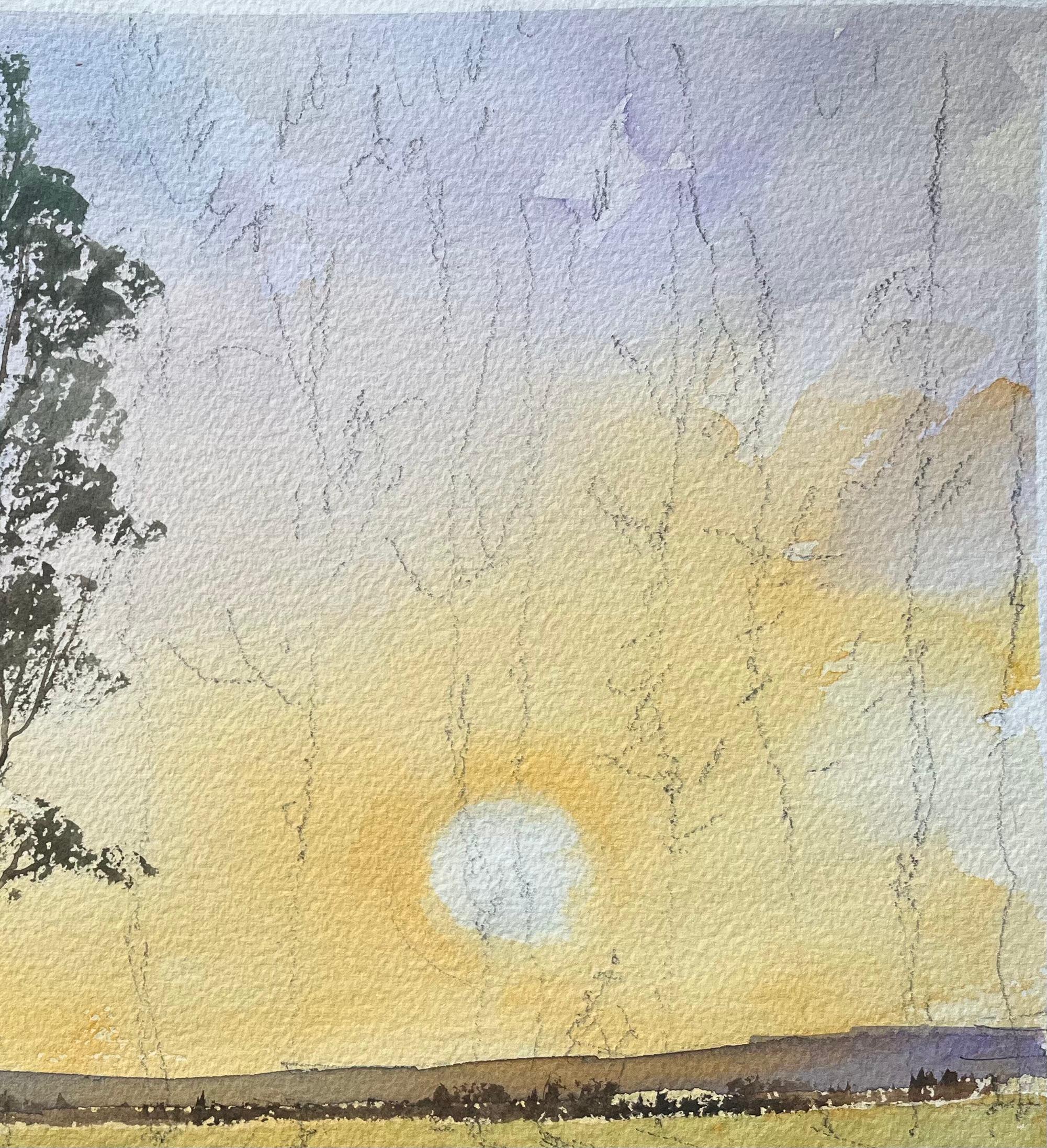 Title: British Impressionist Watercolor of a Sunset over Open Fields
By Anthony Avery (British 1946-2023)
Original watercolor on artists paper, unframed
Dimensions: 11.25 x 15.25 inches (Height x Width)
Condition: Good, with some minor signs of