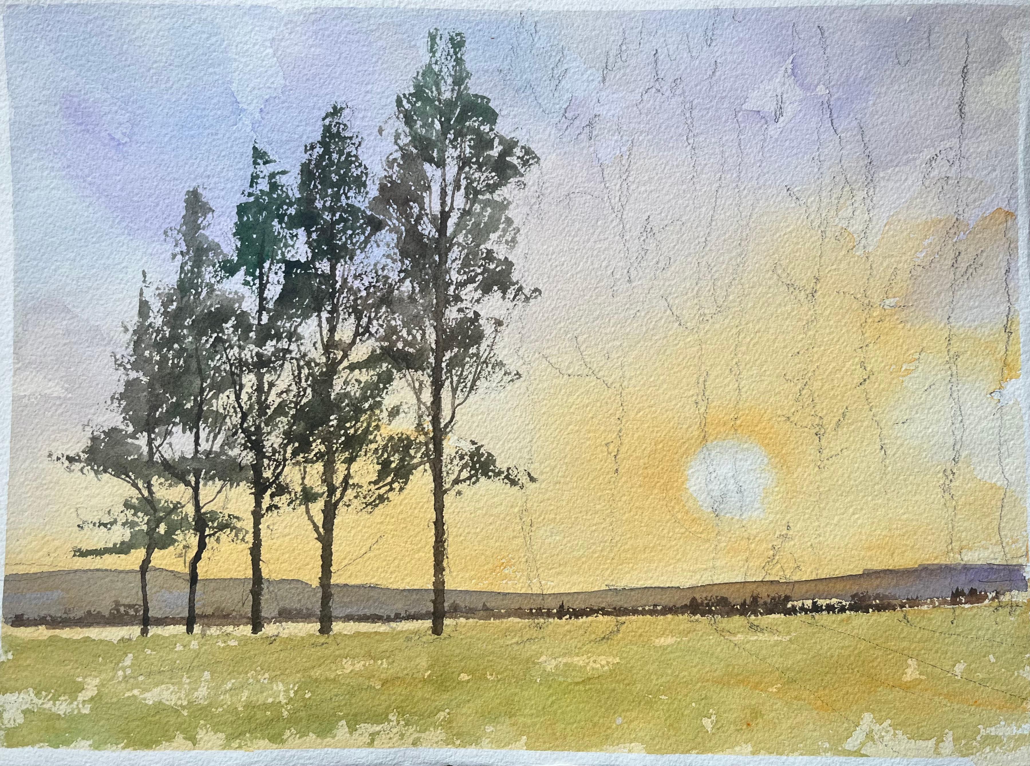 Aquarelle impressionniste britannique d'un coucher de soleil sur des champs ouverts