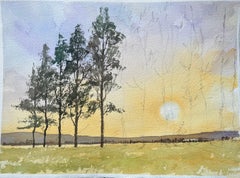 Britischer Impressionist Aquarell eines Sonnenuntergangs über offenen Feldern