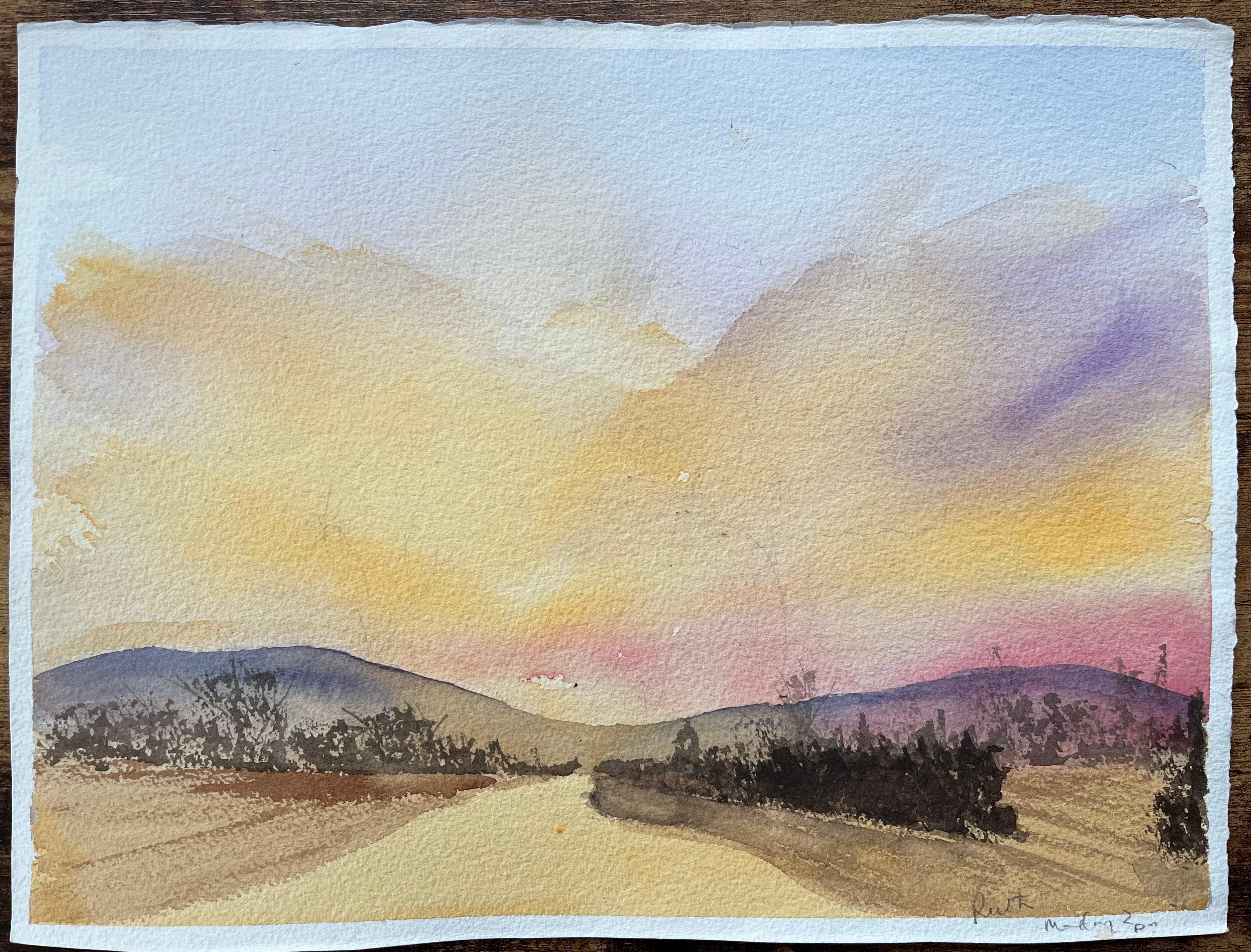 Britischer Impressionist Aquarell eines Sonnenuntergangs über rollenden Hügeln – Painting von Anthony Avery