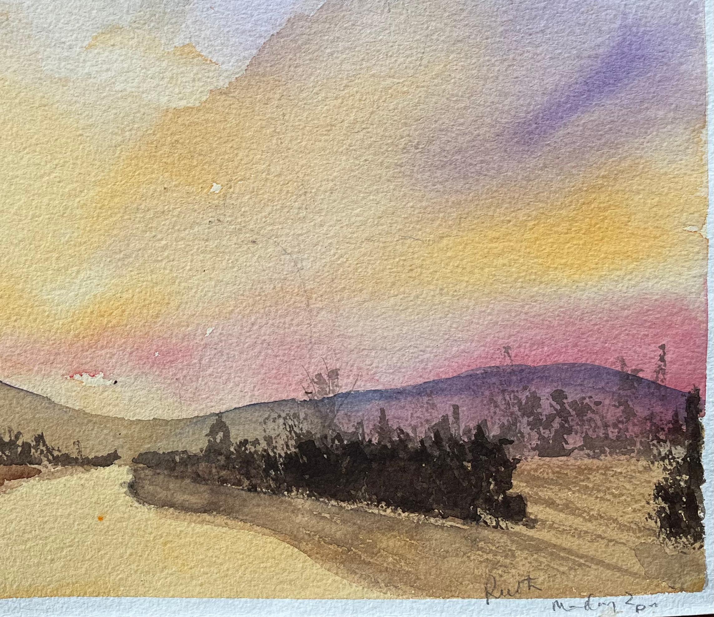 Britischer Impressionist Aquarell eines Sonnenuntergangs über rollenden Hügeln (Impressionismus), Painting, von Anthony Avery