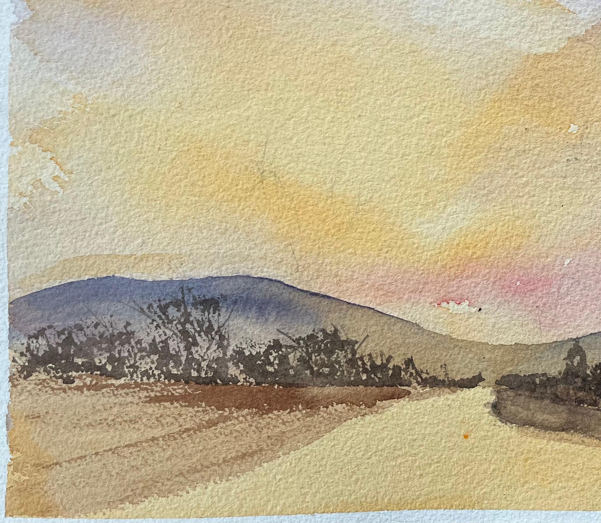 Britischer Impressionist Aquarell eines Sonnenuntergangs über rollenden Hügeln (Grau), Landscape Painting, von Anthony Avery