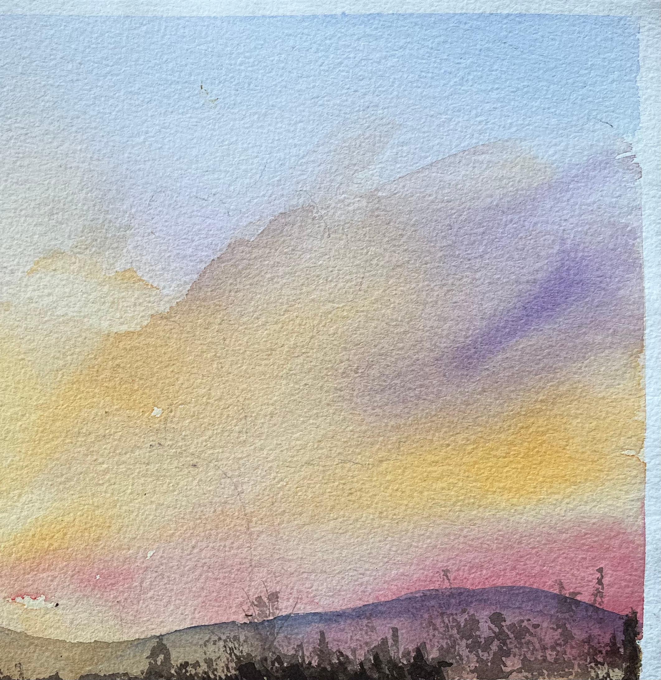 Titel: Britischer Impressionist - Aquarell eines Sonnenuntergangs über sanften Hügeln
Von Anthony Avery (Brite 1946-2023)
Original-Aquarell auf Künstlerpapier, ungerahmt
Abmessungen: 11,25 x 15,25 Zoll (Höhe x Breite)
Zustand: Gut, mit leichten