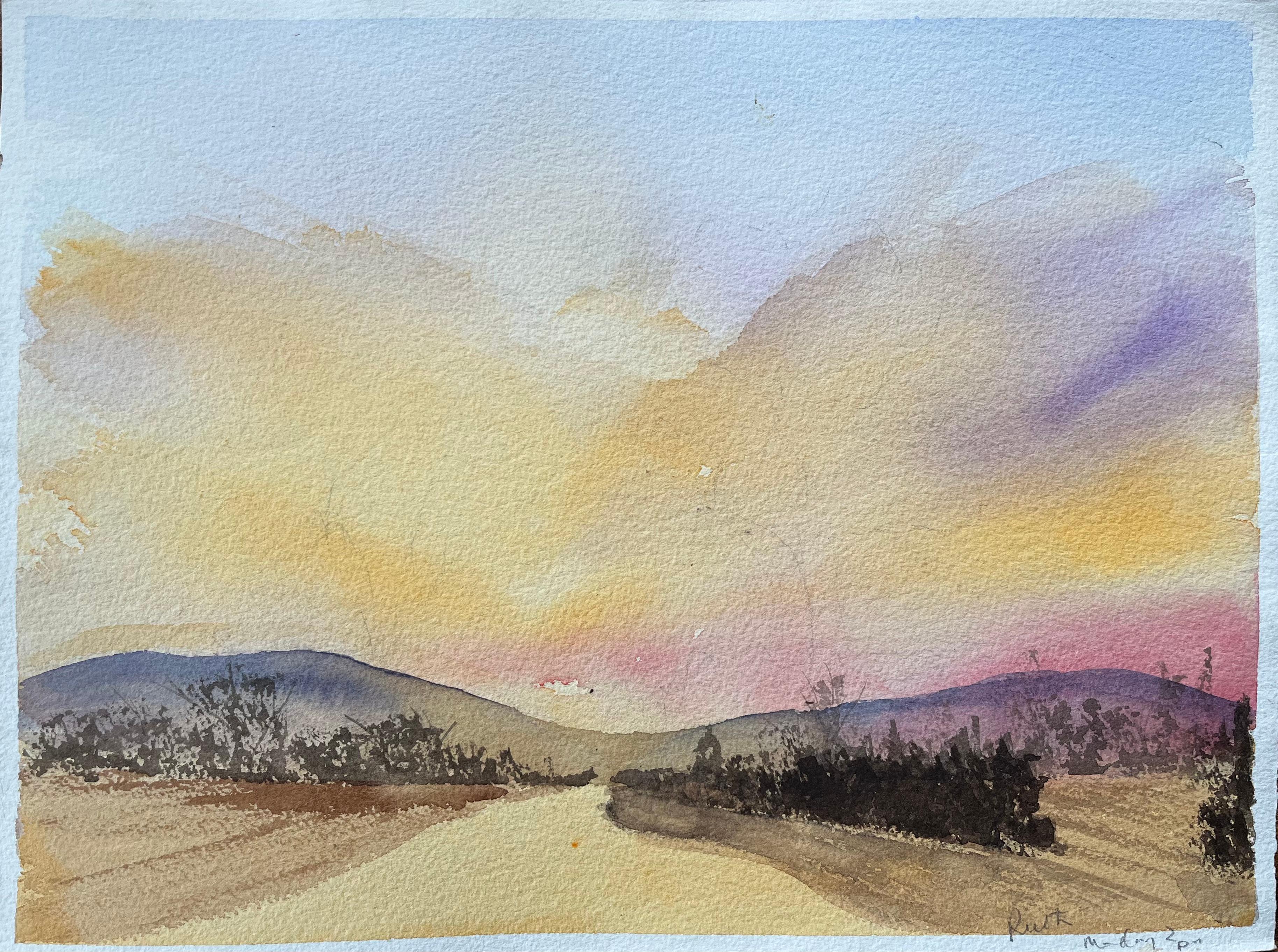 Aquarelle impressionniste britannique d'un coucher de soleil sur des Rolls Hill