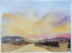 British Impressionist Watercolor of a Sunset Over Rolling Hills