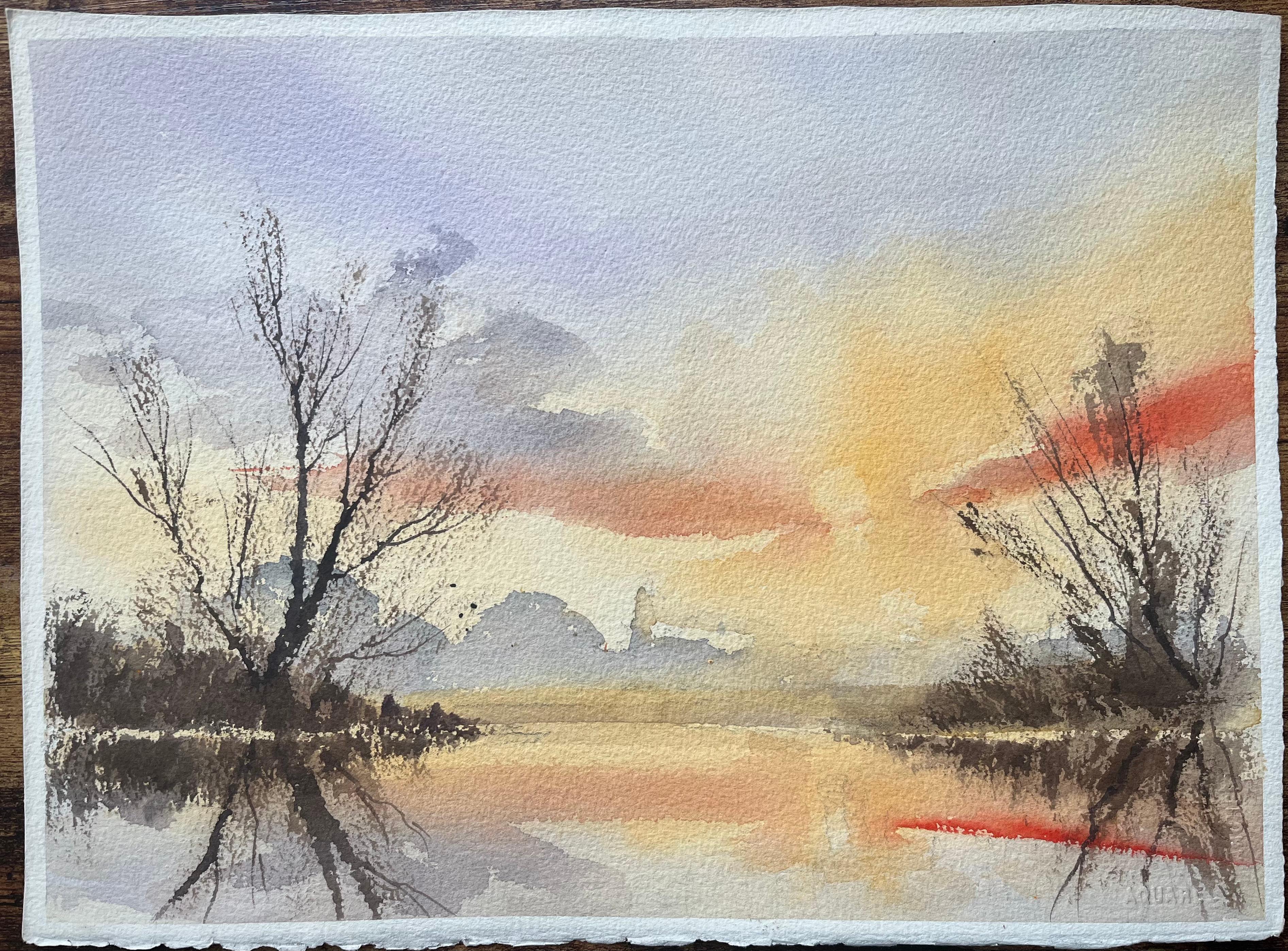 Aquarelle impressionniste britannique d'un reflet de coucher de soleil sur une rivière calme - Painting de Anthony Avery