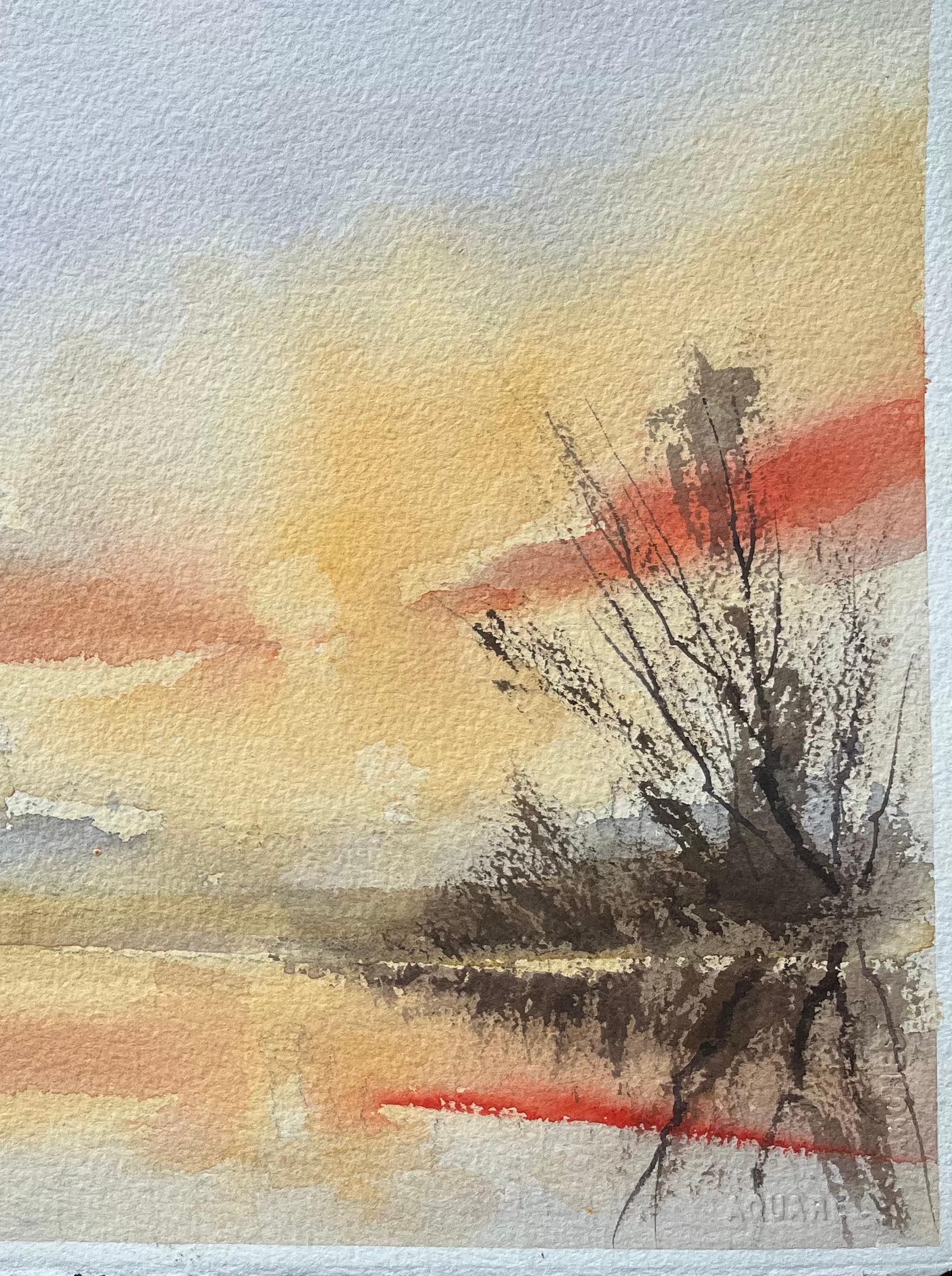 Aquarelle impressionniste britannique d'un reflet de coucher de soleil sur une rivière calme - Impressionnisme Painting par Anthony Avery