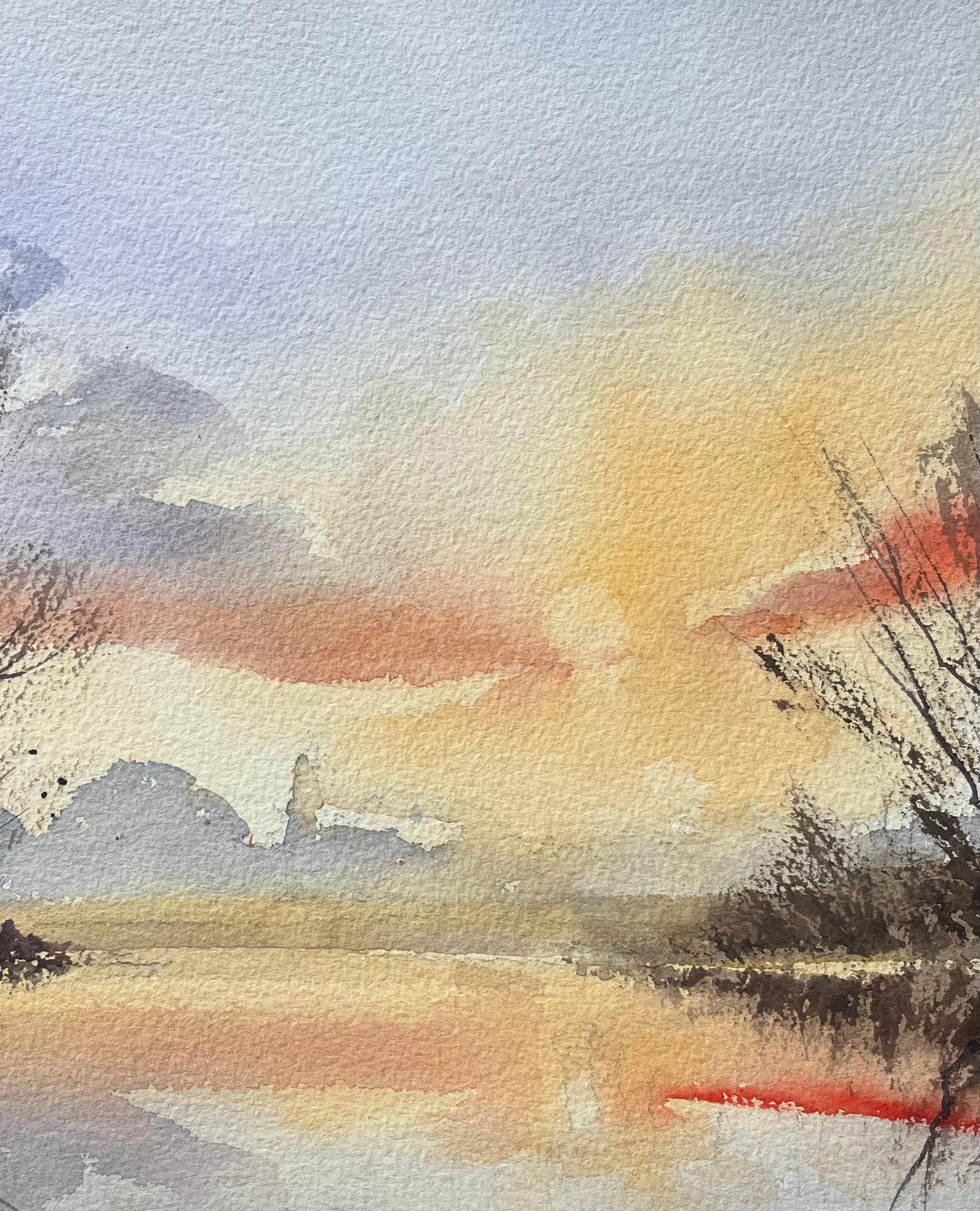 Aquarelle impressionniste britannique d'un reflet de coucher de soleil sur une rivière calme - Gris Landscape Painting par Anthony Avery