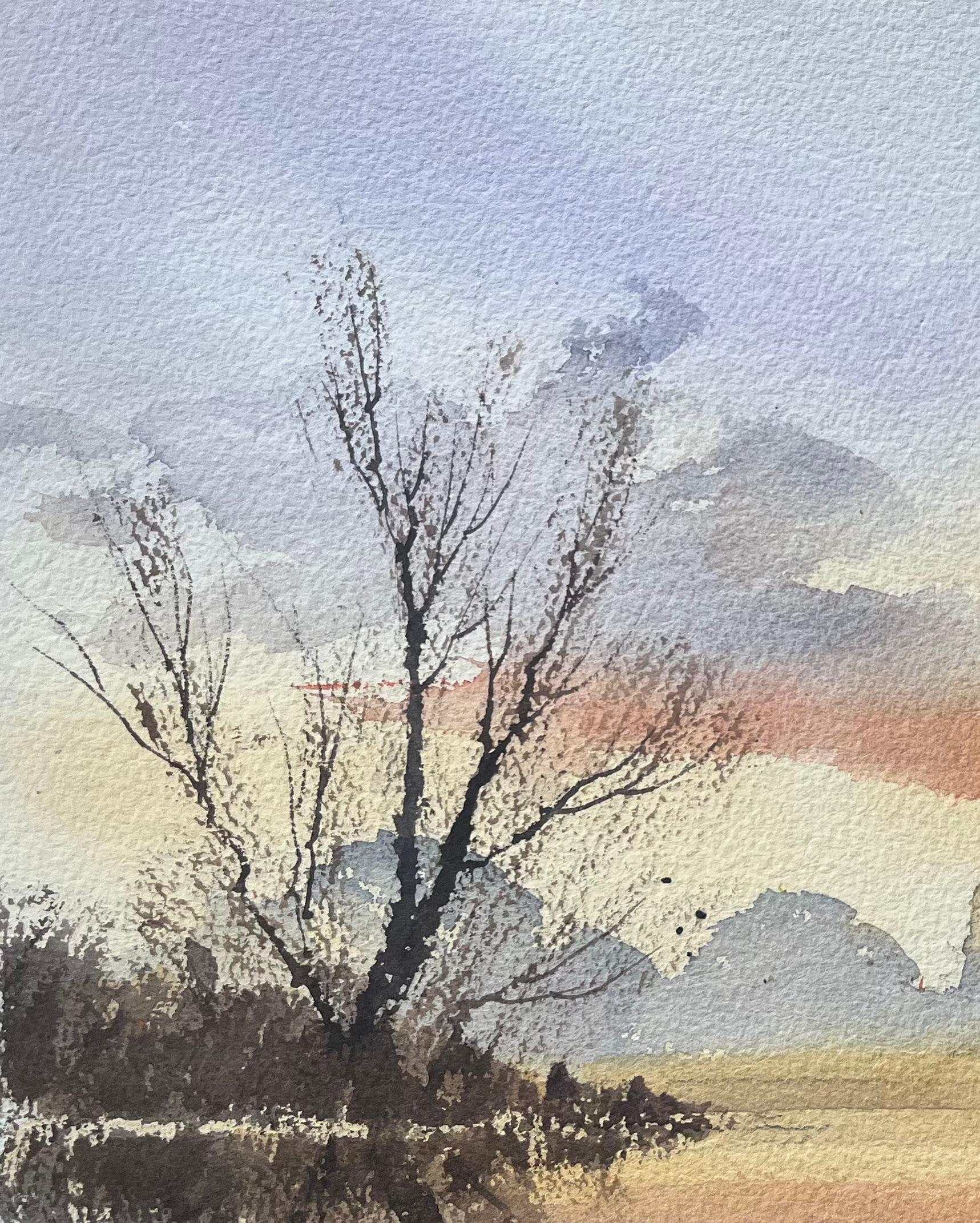 Aquarelle impressionniste britannique d'un reflet de coucher de soleil sur une rivière calme en vente 1