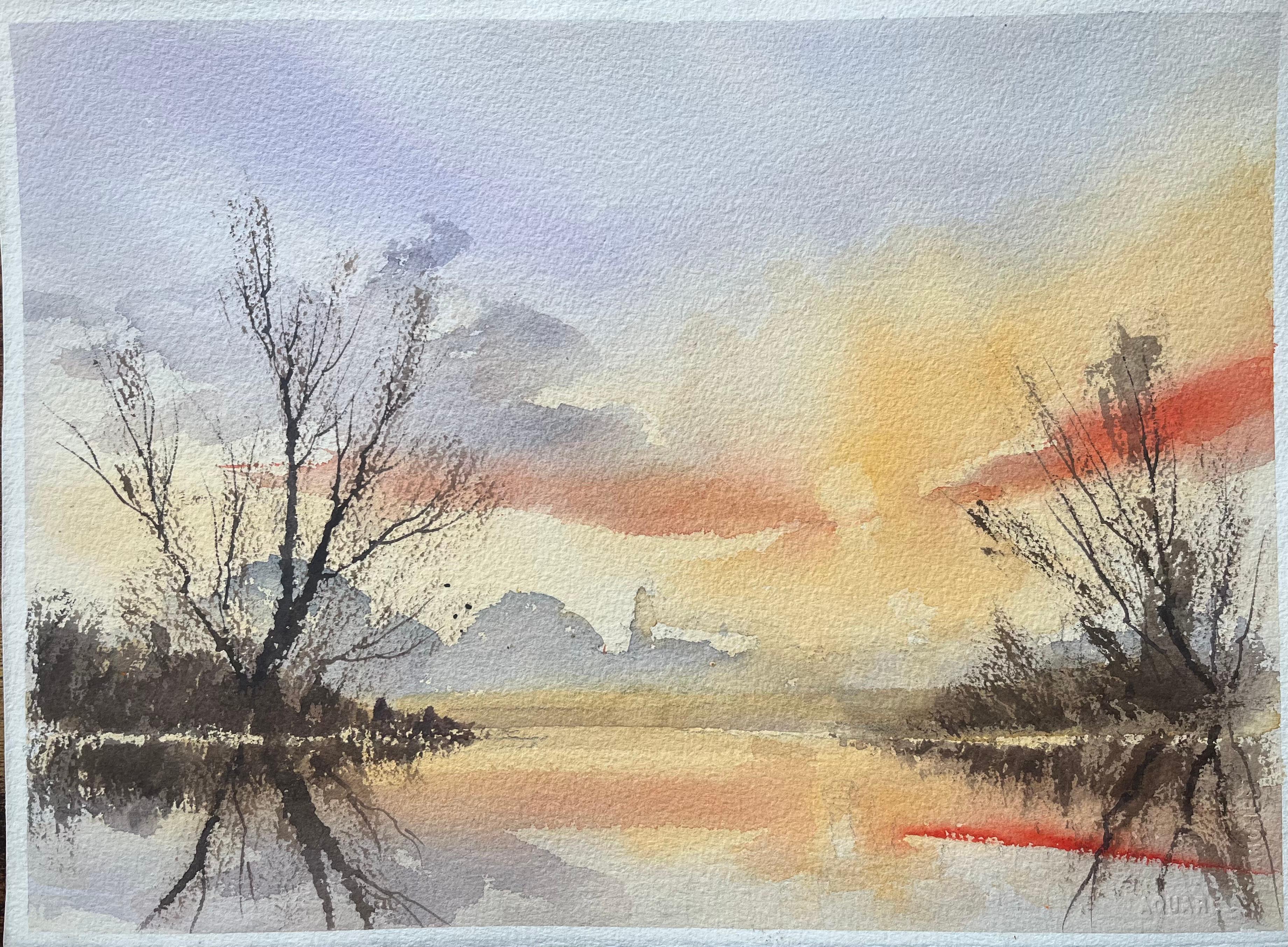 British Impressionist Watercolor of a Sunset Reflection on a Calm River