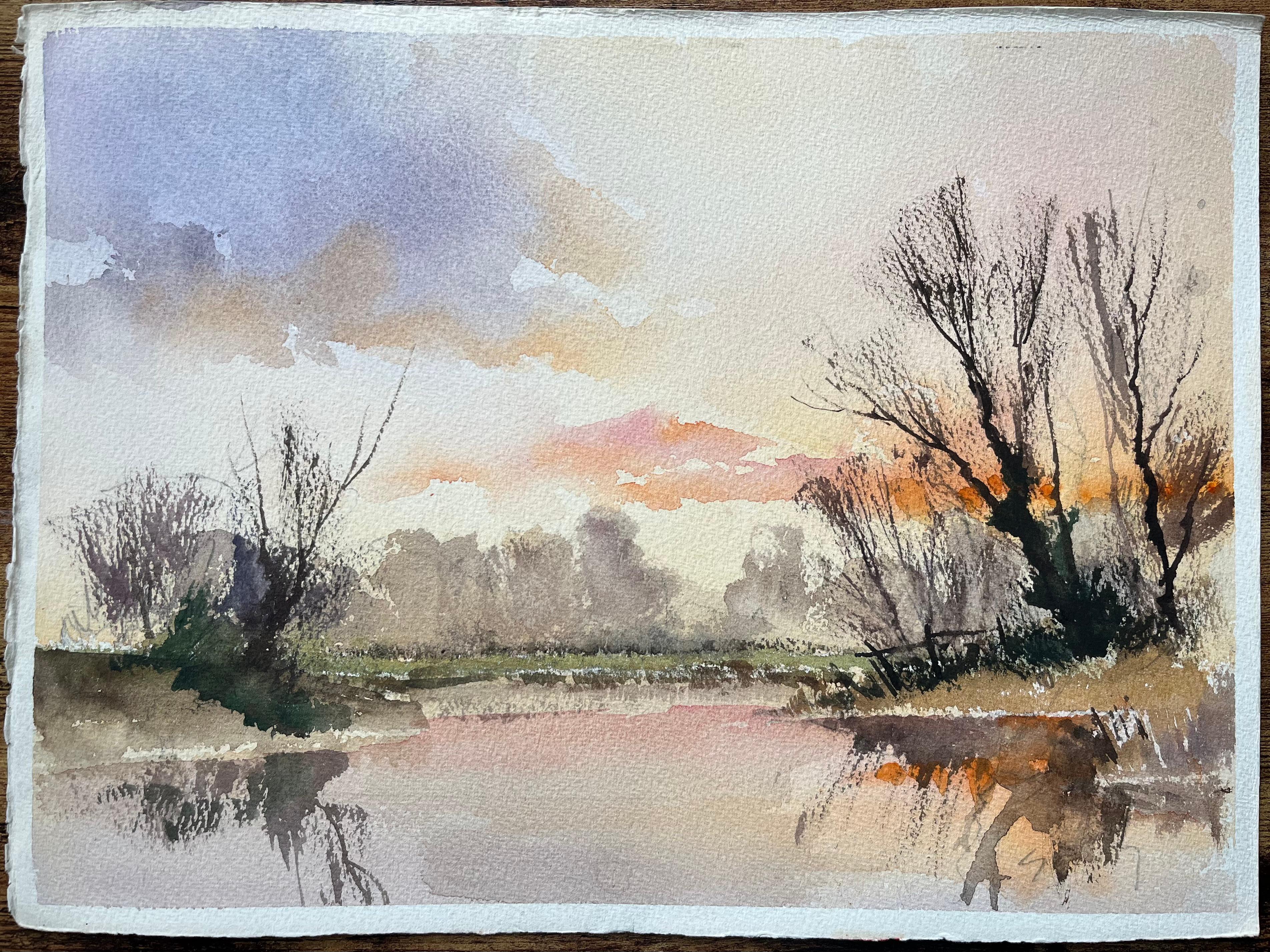 Britischer Impressionist Aquarell eines Sonnenuntergangs Reflexionen auf einem ruhigen Fluss – Painting von Anthony Avery