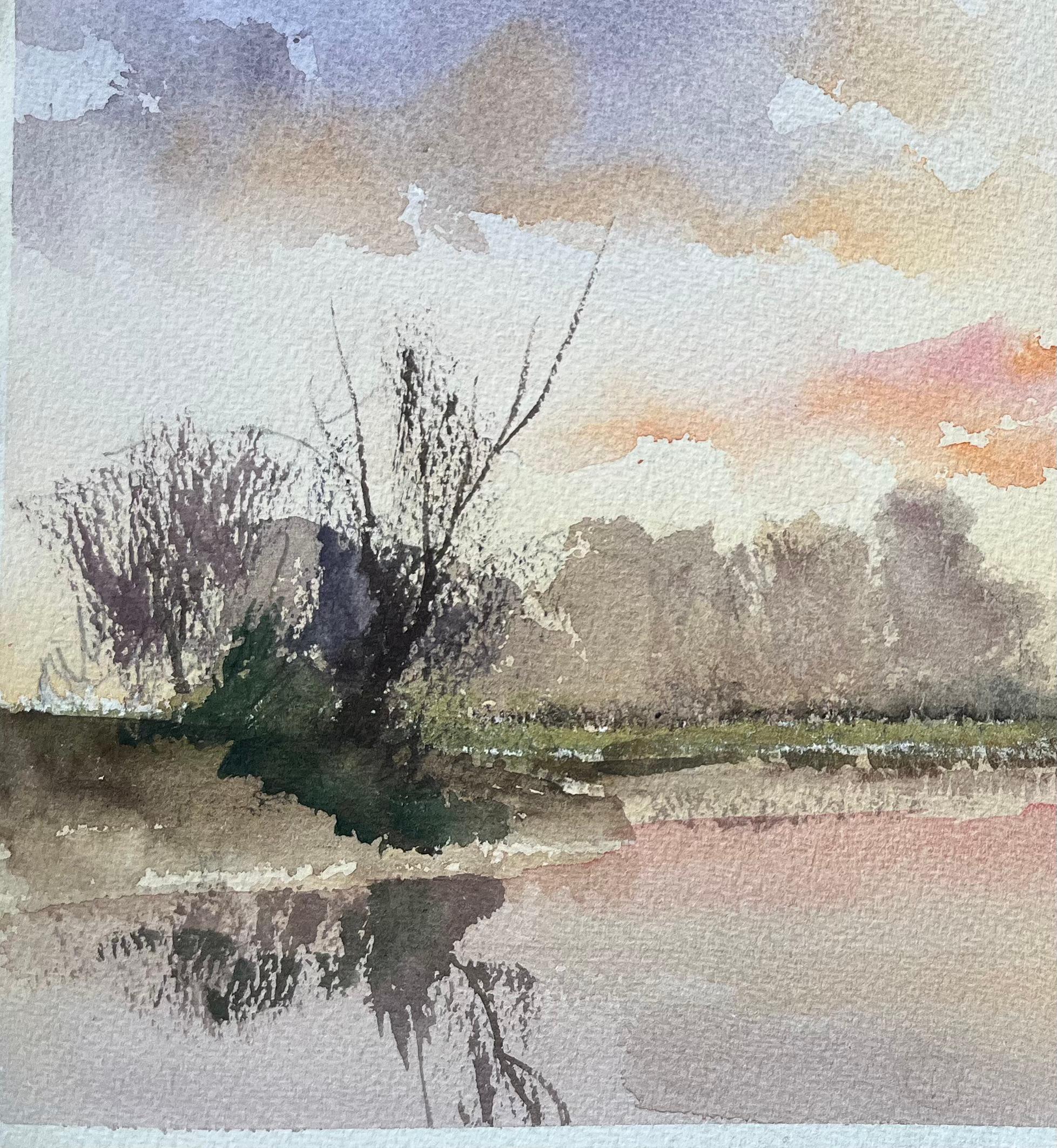 Britischer Impressionist Aquarell eines Sonnenuntergangs Reflexionen auf einem ruhigen Fluss (Impressionismus), Painting, von Anthony Avery
