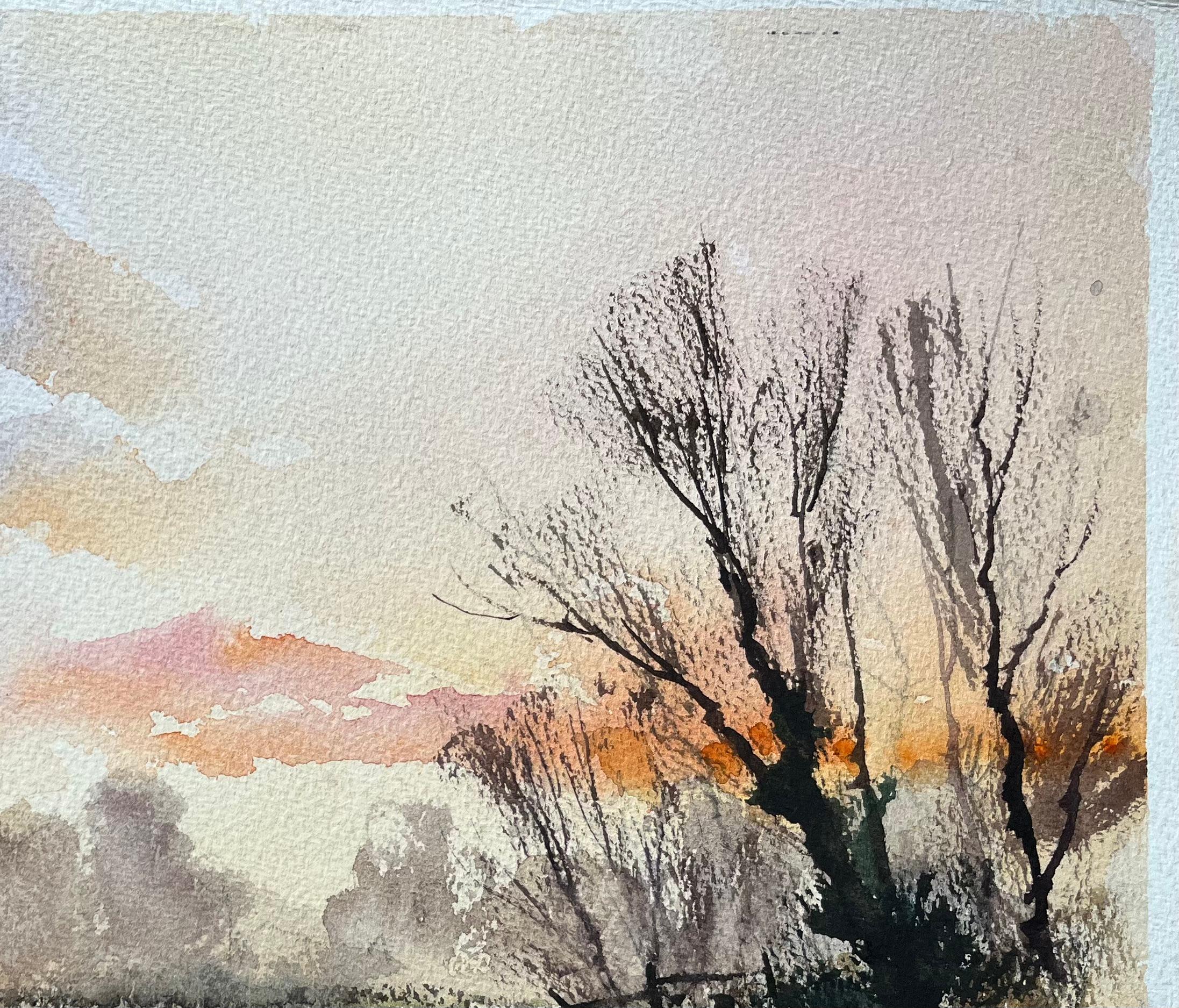 Britischer Impressionist Aquarell eines Sonnenuntergangs Reflexionen auf einem ruhigen Fluss (Grau), Landscape Painting, von Anthony Avery