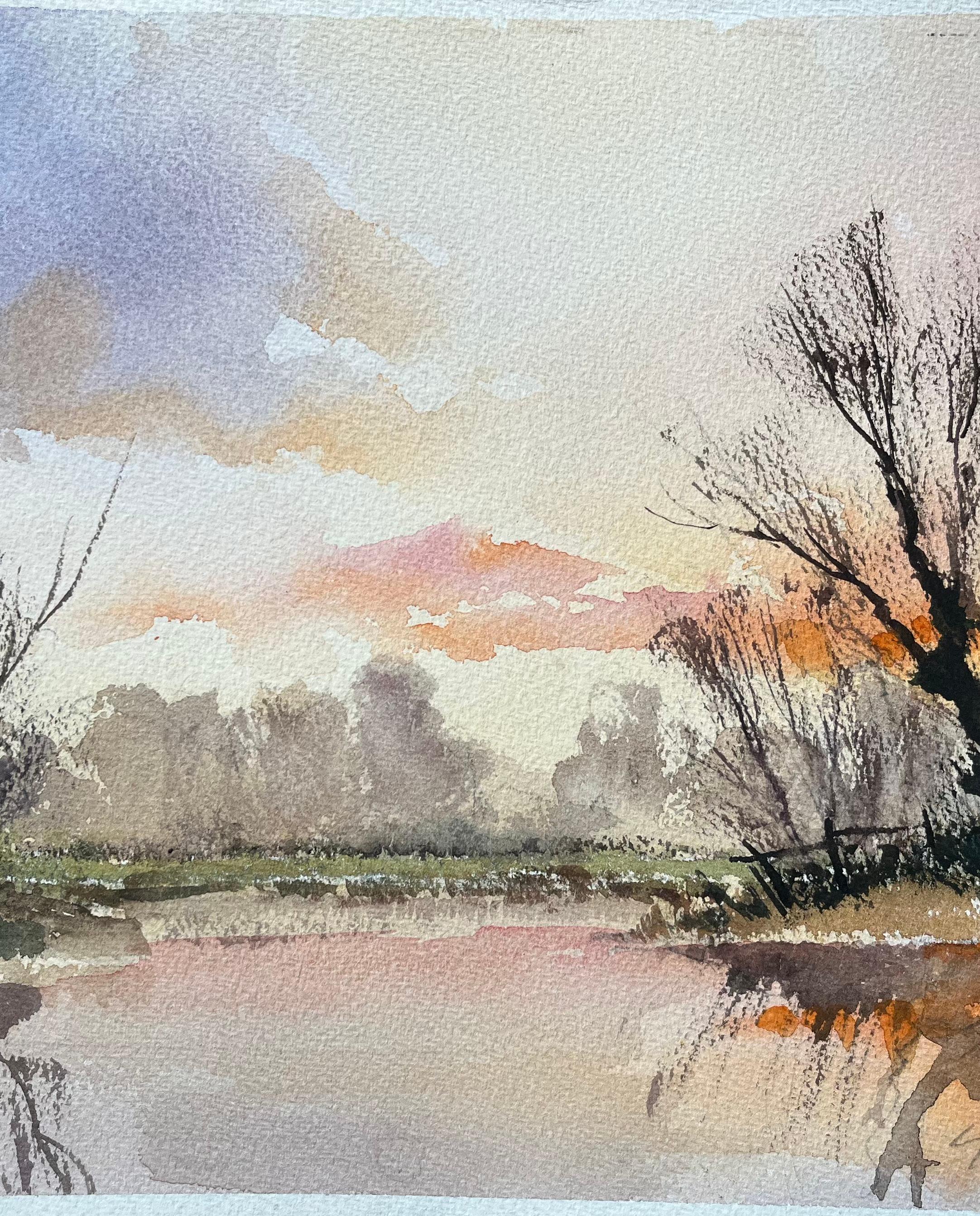 Britischer Impressionist Aquarell eines Sonnenuntergangs Reflexionen auf einem ruhigen Fluss im Angebot 1